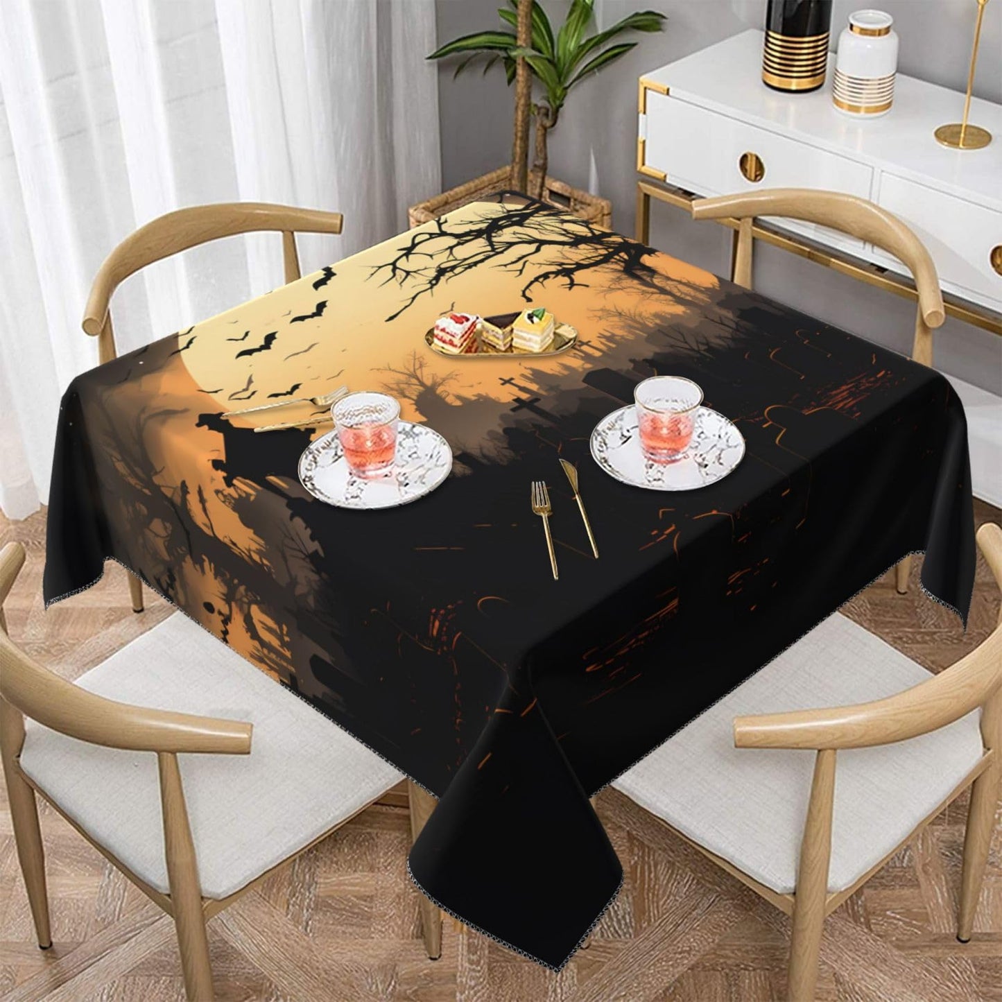 Entemne Square Table Cloth 55x55 Inch Halloween Moon Night Bats Tree Tablecloth Washable Soft Wrinkle Free Dust Proof Card Table Cover for Tea Party Picnic Kitchen Dining Decor