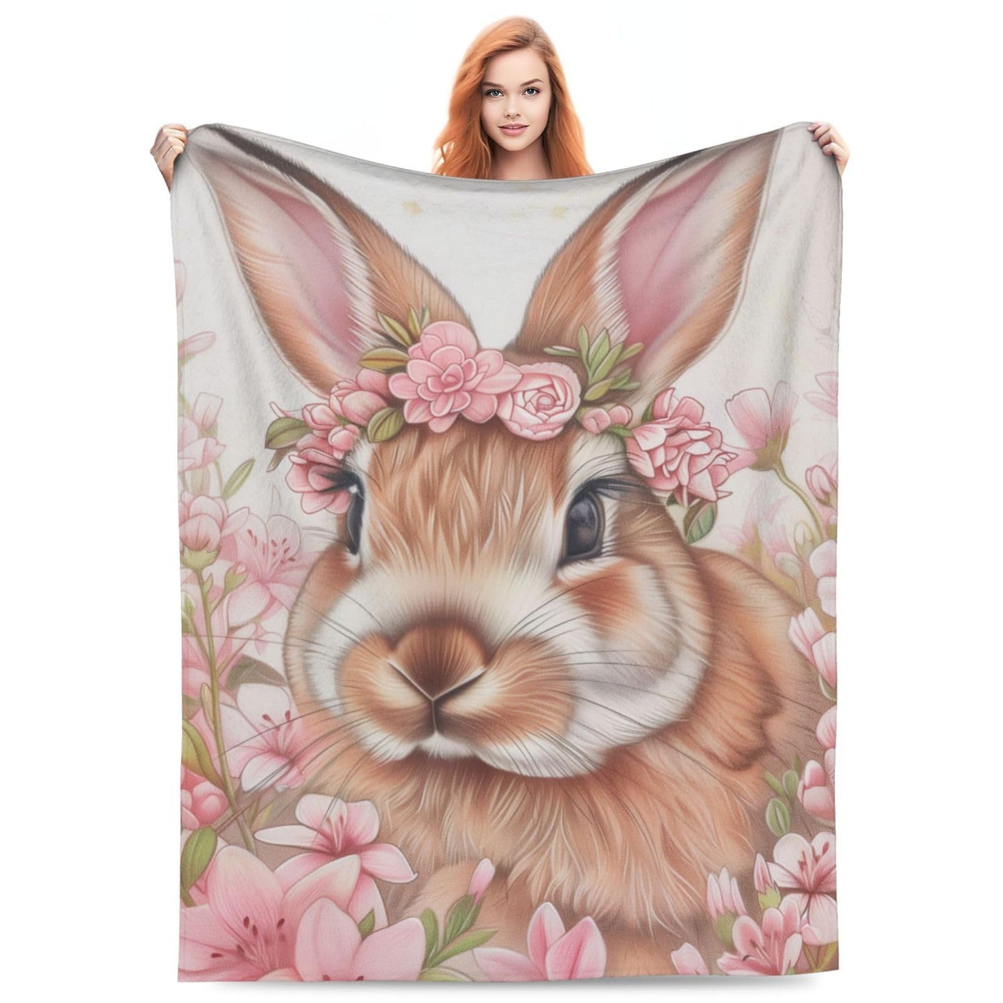 Flannel Rabbit Blankets Gifts - Pink Flower Bunny Throw Blanket for Girls Kids, Sofa Couch Bed Living Room, Soft Warm Cozy Decor, 60" x 50"