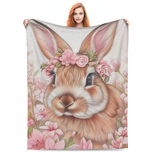 Flannel Rabbit Blankets Gifts - Pink Flower Bunny Throw Blanket for Girls Kids, Sofa Couch Bed Living Room, Soft Warm Cozy Decor, 60" x 50"