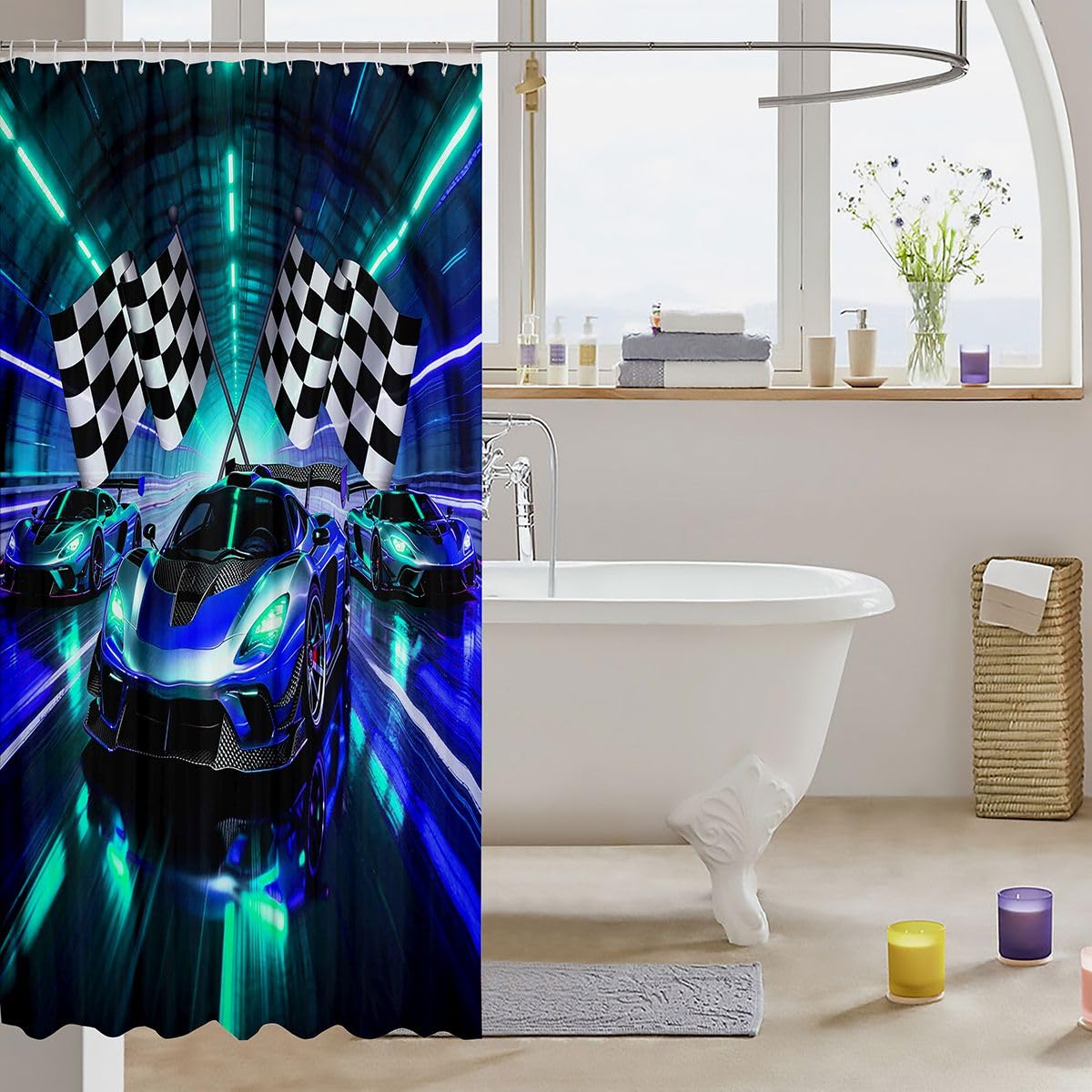 Feelyou Boys Race Car Shower Curtain for Bathroom Decor Sports Racing Car Bath Curtain for Stalls Bathtubs Extreme Sports Bathroom Accessories Waterproof Polyester Fabric with 12 Hooks 72"x72"