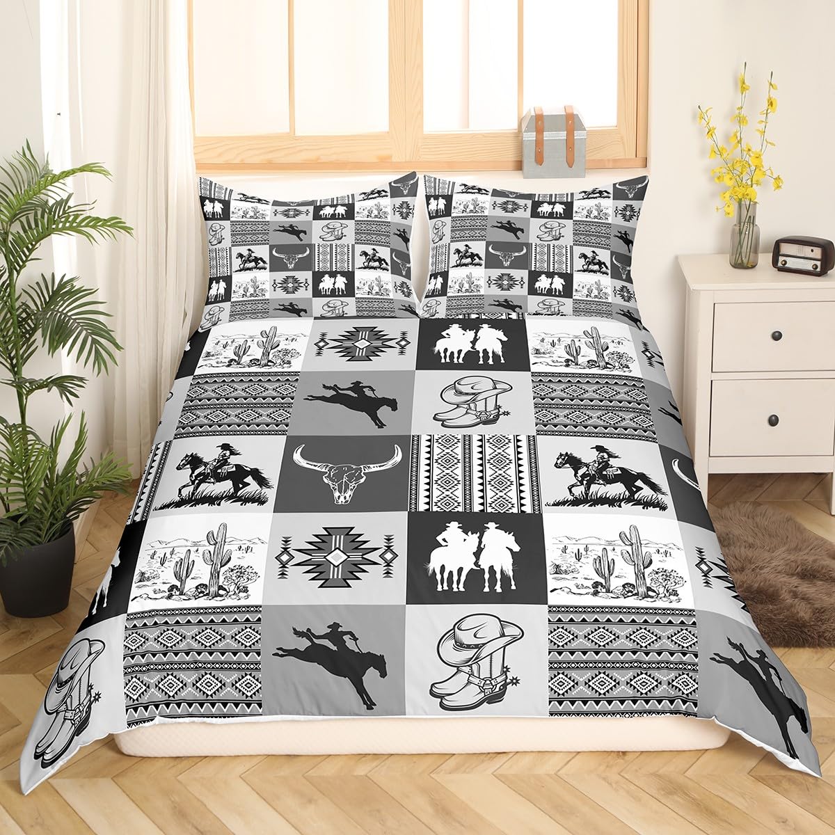 Southwestern Bedding Sets,Cowboy Duvet Cover Set 3Pcs for Boys Girls Adult Room Decor,Aztec Boho Tribal Striped Comforter Cover Bull Skull Cowboy Boots Print Black Grey Grid Quilt Cover King Size