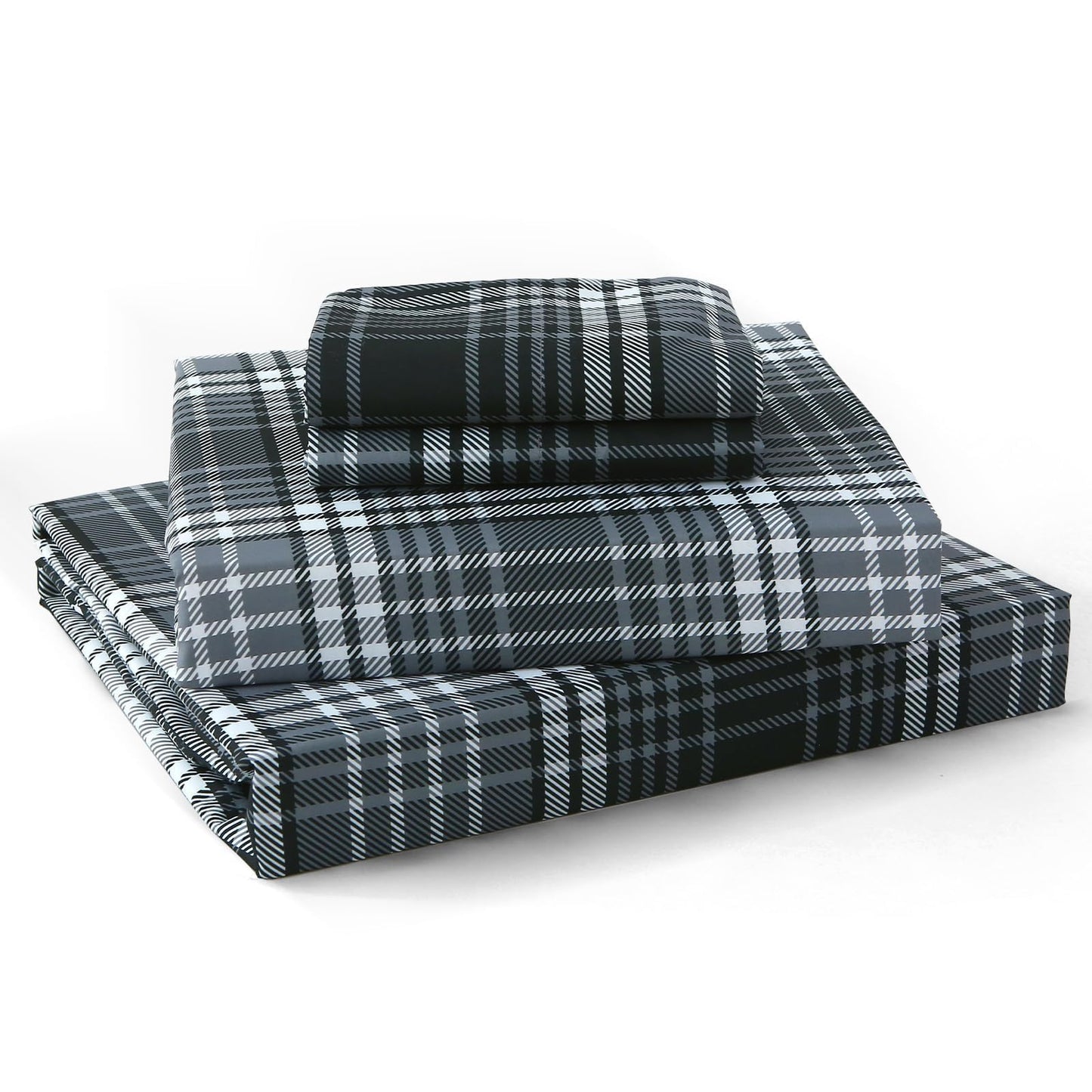 MUXHOMO Queen Size 4 Piece Sheet Set, Soft Breathable Bed Sheet Set for Bedroom with Deep Pocket Up to 16", Wrinkle-Free & Cooling Bedding for Oeko-TEX Certified - Black/White Plaid