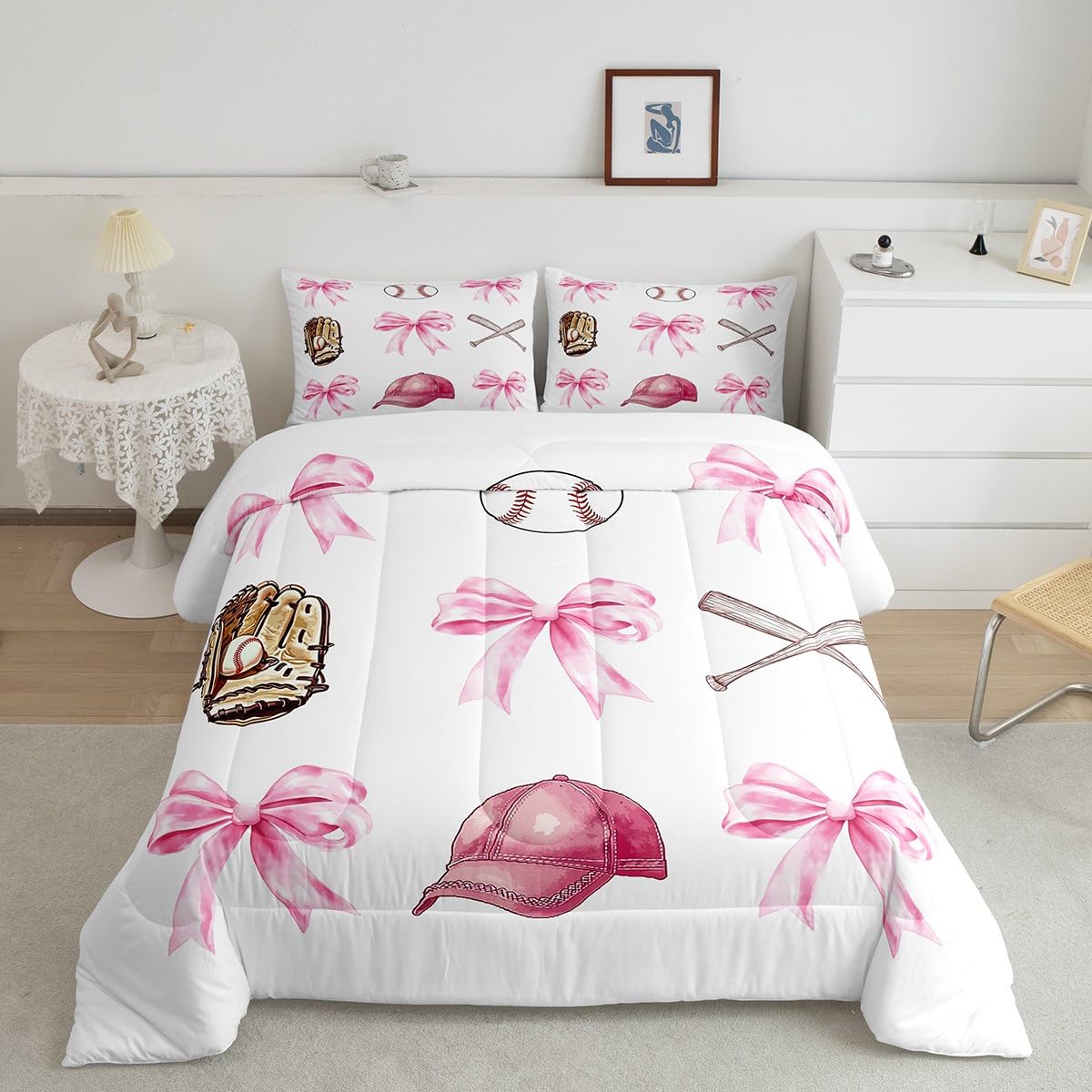 Castle Fairy Baseball Girls Full Bedding Set,Pink Bow Sport Lover Comforter Bed Set Teens Women Bedroom Decor,Cartoon Ball Hat Glove Quilt Set 3 PCS,Pink White Kids Duvet Insert,2 Pillow Cases