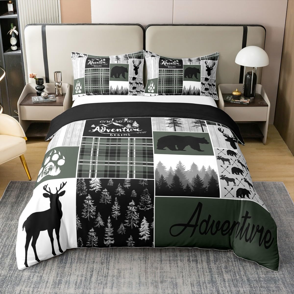 Erosebridal Retro Cabin 100% Cotton Duvet Cover Queen Size Plaid Patchwork Bedding Set For Boys Teens Adult Bedroom Woodland Wildlife Deer Bear Comforter Cover Country Farmhouse Wild Animal Bedclothes