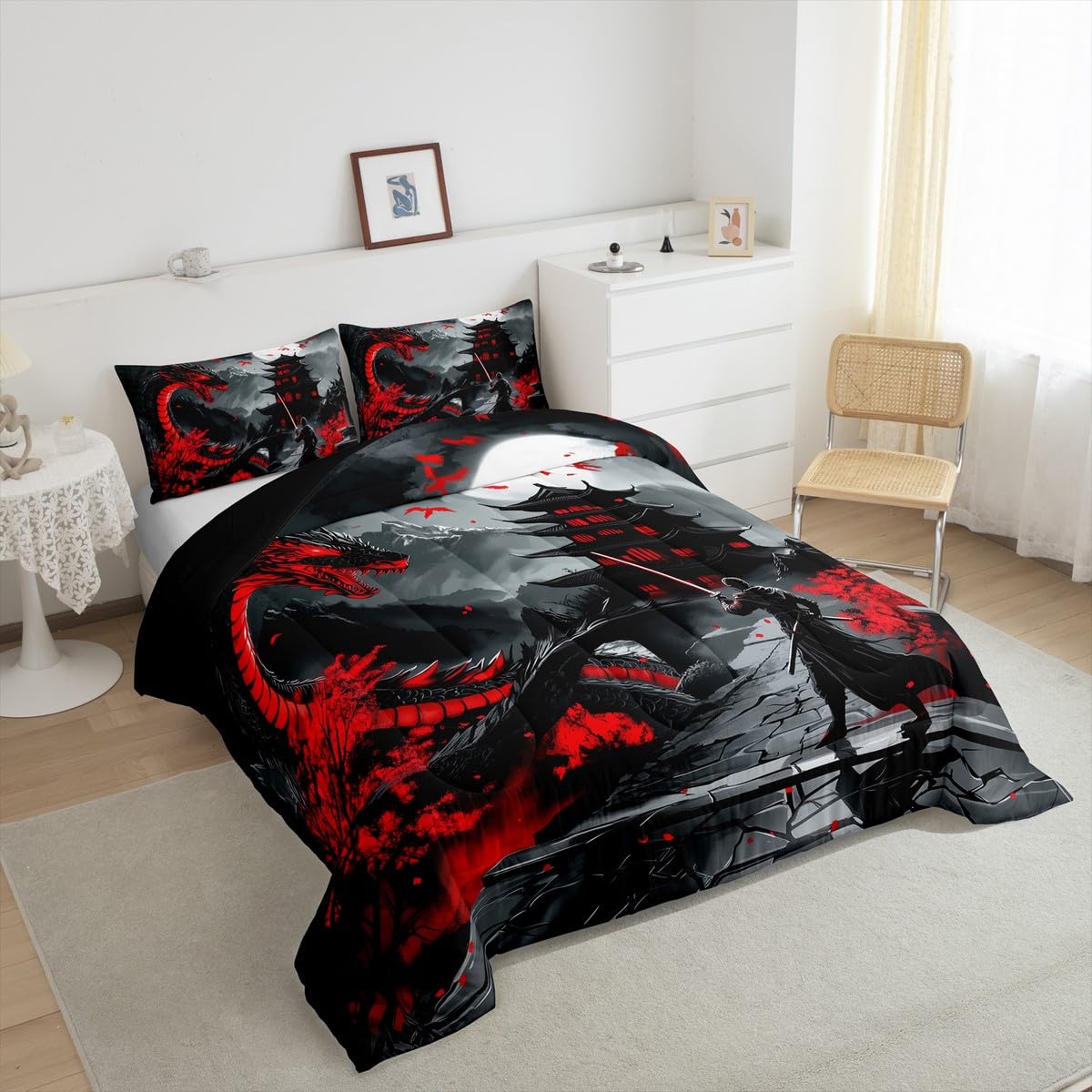 Erosebridal Dragon Bedding Set Full Size, Japanese Style Comforter Set for Teens Youth Adult Men Room, Ancient Animal Quilt, Retro Wildlife Ukiyo-E Down Comforter, Black Grey Red