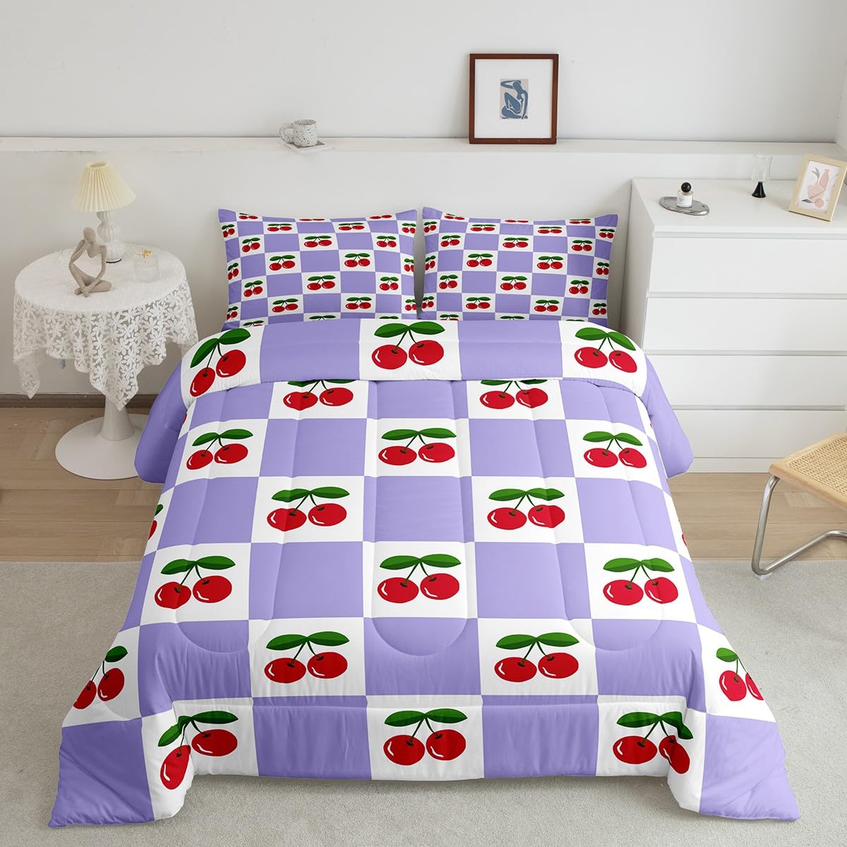 Manfei Cartoon Cherry Kids Comforter Set Twin Size,Geometric Plaid Checkerboard Patchwork Bedding Set,Girls Princess Room Decor,Tropical Fruit Fashion Down Comforter,Purple Duvet Insert,1 Pillowcase