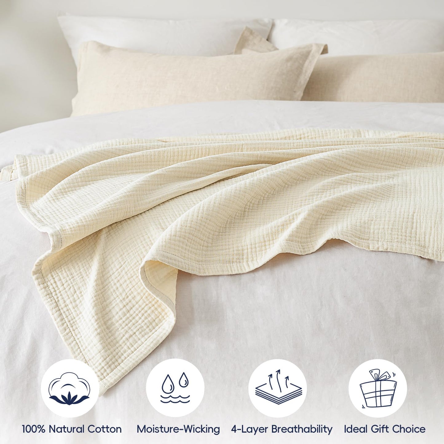 PHF 100% Cotton Muslin Throw Blanket 50" x 60", 4-Layer Lightweight Gauze Throw, Breathable Cloud-Soft Minimalist Blanket for Bed, Couch, Camping, Birch, Ideal Gift