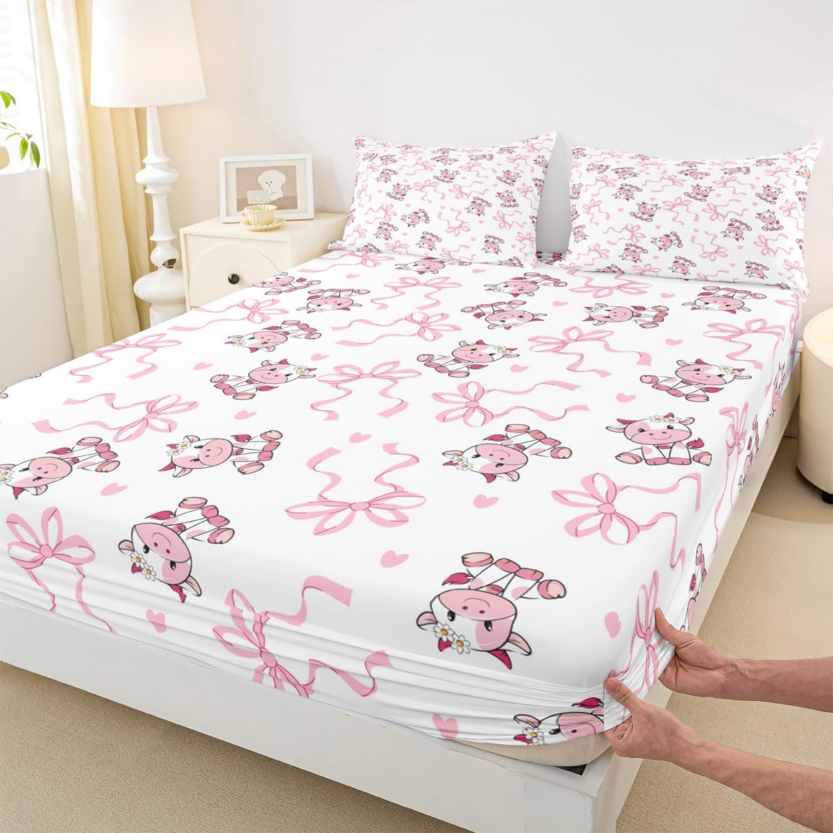Erosebridal Pink Bow Bed Sheets Set Full Size, Dreamy Princess Cute Cow Flat Fitted Sheet for Kids Girls Women Bedroom, Cartoon Bowknot Bedding Set, Girly Love Heart Bed Sets with 2 Pillow Cases