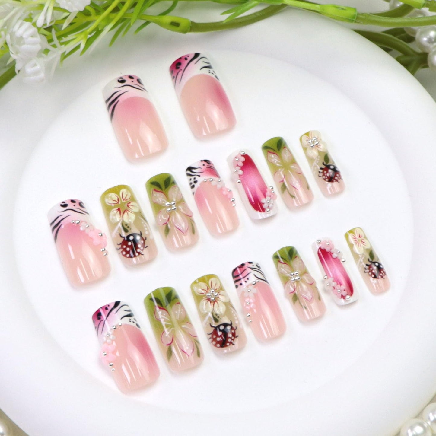 Spring Press on Nails Medium Square Fake Nails with 3D Flower Pearl Designs French Tip Nails Press ons Green Gradient Acrylic Nails for Women 24Pcs