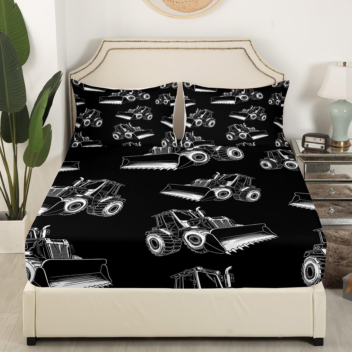 Erosebridal Boys Cartoon Car Fitted Sheet Twin Size, Excavator Bedding Set-Deep Pocket for Kids Girls Children Bedroom, Construction Vehicle Bed Sheet Dump Truck Bed Sets with 1 Pillow Case, Black