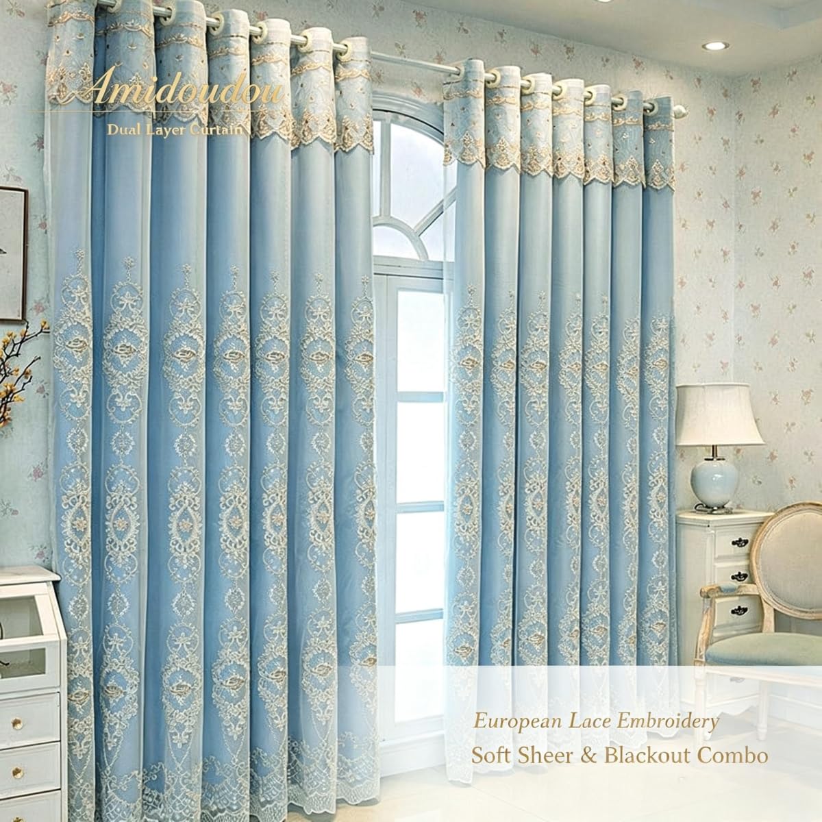 Amidoudou 1 Pair European Double Layer Curtains with Valances for Living Room Bedroom 3D Flower Embroidered Curtains (Blue,63x96 Inch)