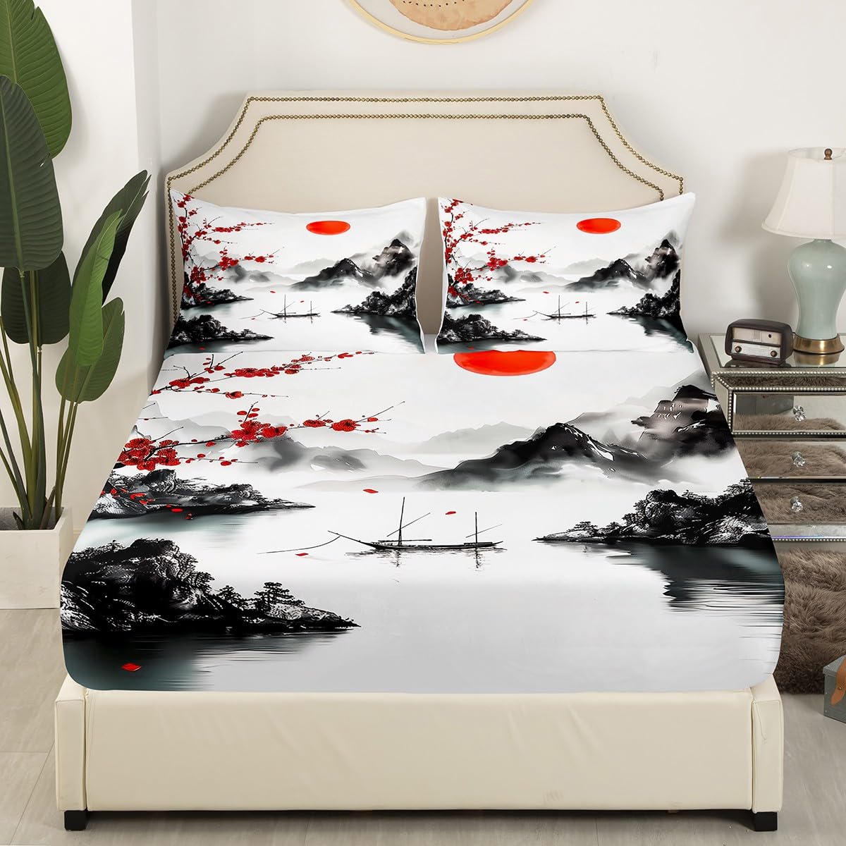 Feelyou Japanese Ukiyoe Theme Bedding Sheets Full Cherry Blossom Bed Sheet Set for Adult Kids Watercolor Fitted Sheet Natural Landscape Bed Cover 3Pcs,1 Fitted Sheet+2 Pillow Sham（No Flat Sheet）
