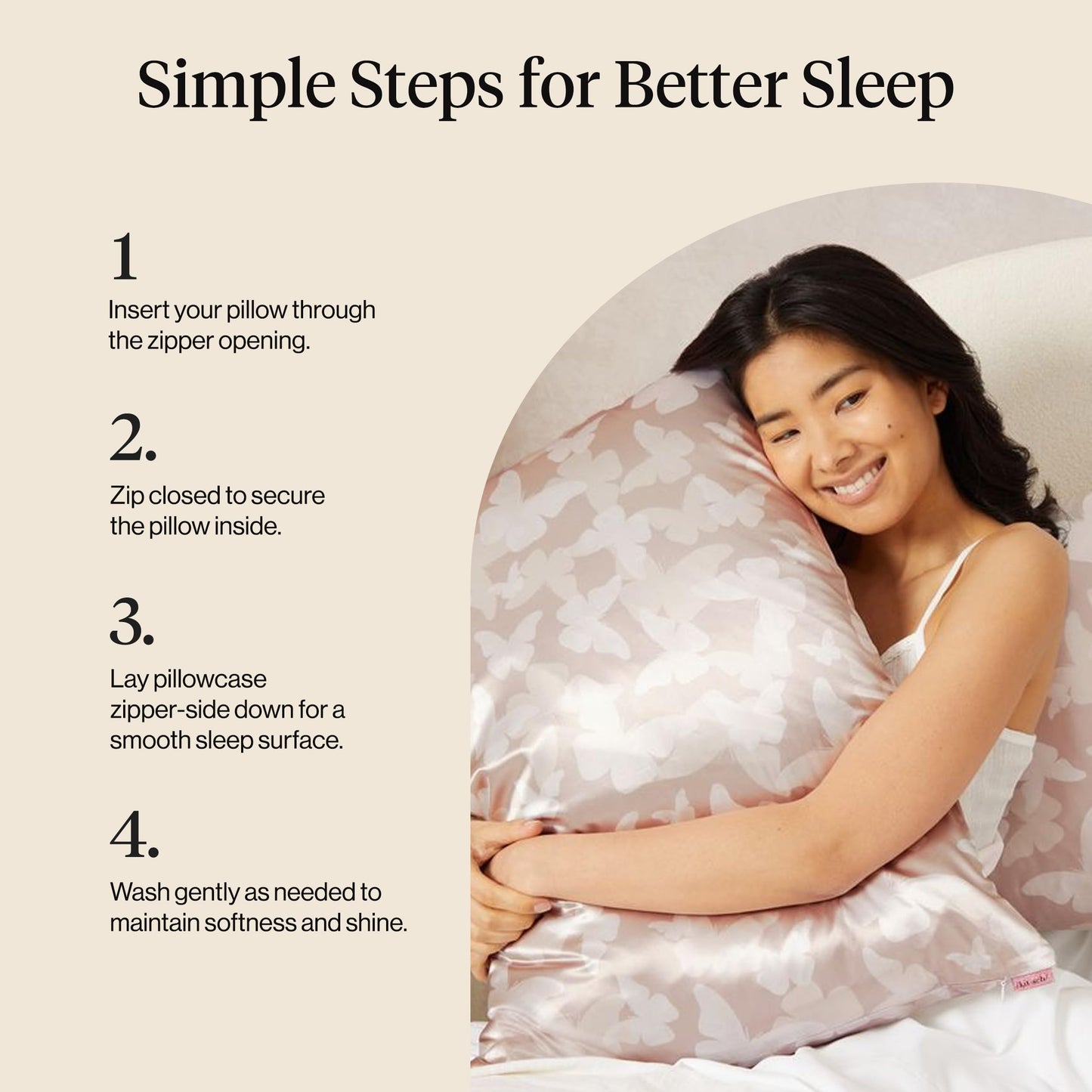 Kitsch Satin Pillowcase with Zipper for Hair & Skin - Softer Than Silk Pillow Cases, Cooling Satin Pillow Case, Wrinkle-Free, Machine Washable, Pillow Cases Standard Size 19x26 - Champagne Butterfly