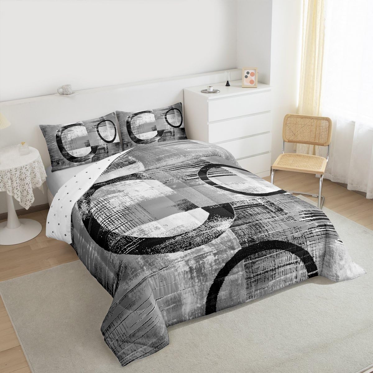 Feelyou Abstract Kids Comforter Set Full Size Modern Abstract Art Bedding Set Geometric Duvet Quilt for Kids Boys Girls Bedroom Luxury Decor Gray Ultra Soft