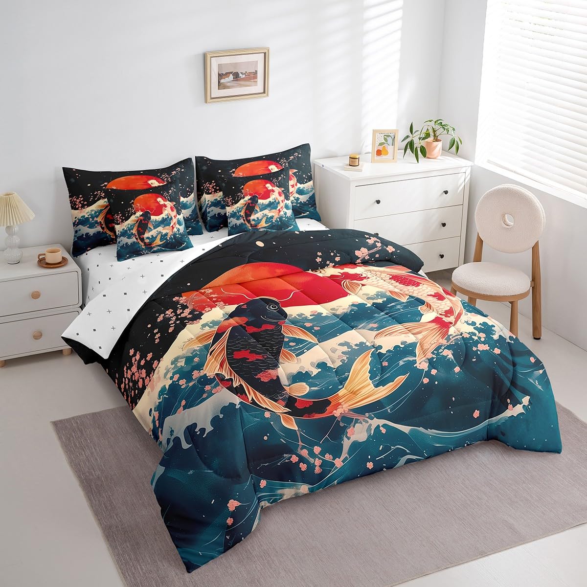 Erosebridal Japanese Koi Fish Queen Bedding Set,Blue Ocean Waves Comforter Set 7 Piece,Pink Cherry Blossom Bed Set for Kids Adults,Oriental Floral Bed in a Bag with Fitted+Flat Sheet,Pillowcases