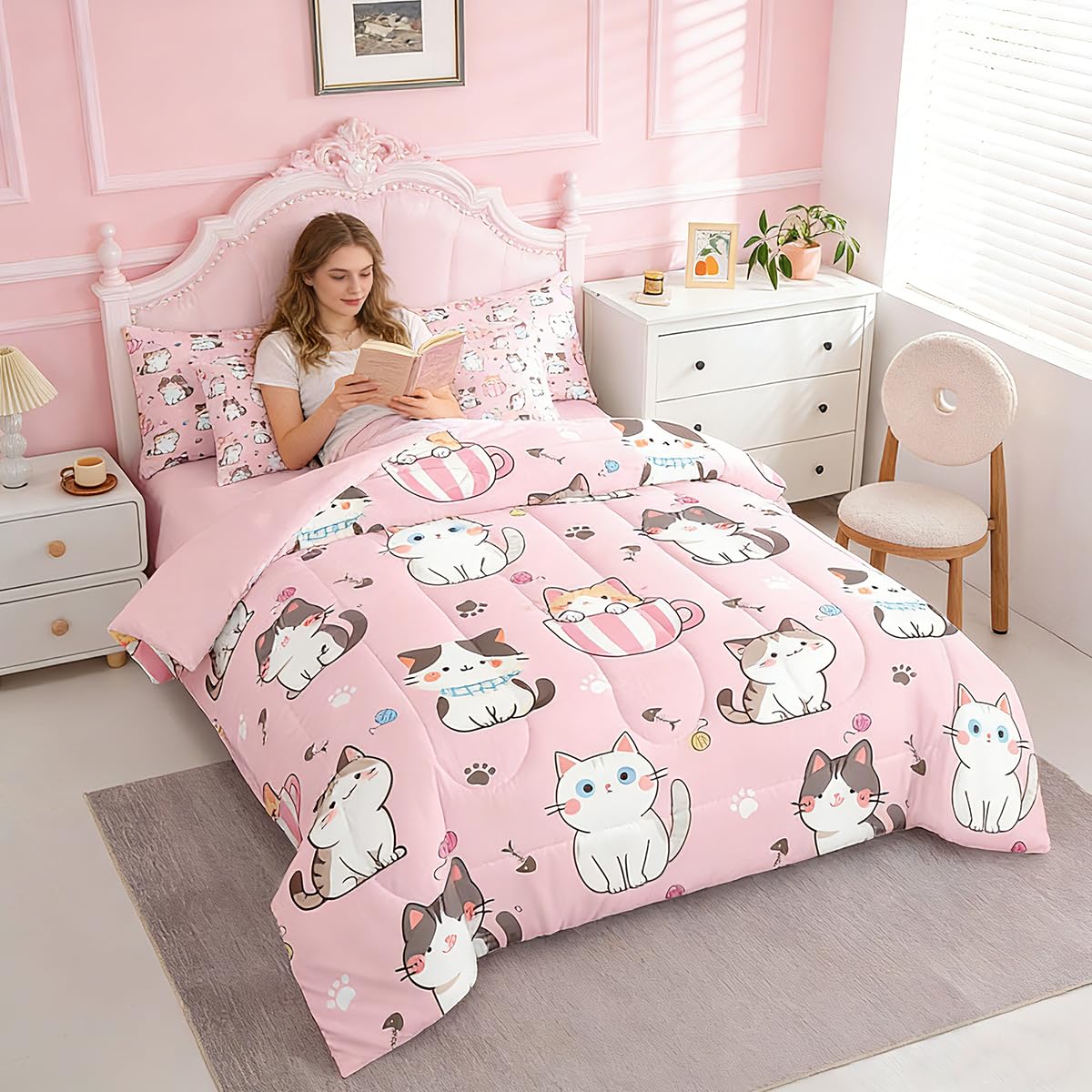 Feelyou Toddler Cat Full Comforter Set with Sheets for Kids Boys Girls Cats Print Bed in a Bag Kawaii Cartoon 7 Pieces Bedding Set Room Decor Cute Kitten Bed Set Pink Animal Themed