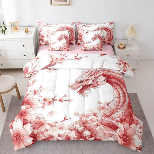 Erosebridal Fantasy Dragon Twin Comforter Set 7 Piece Magical Dragon Bed in A Bag Mysterious Wildlife Animal Bedding Set for Kids Boys Girls,Romantic Cherry Blossom Sheet Set with Comforter