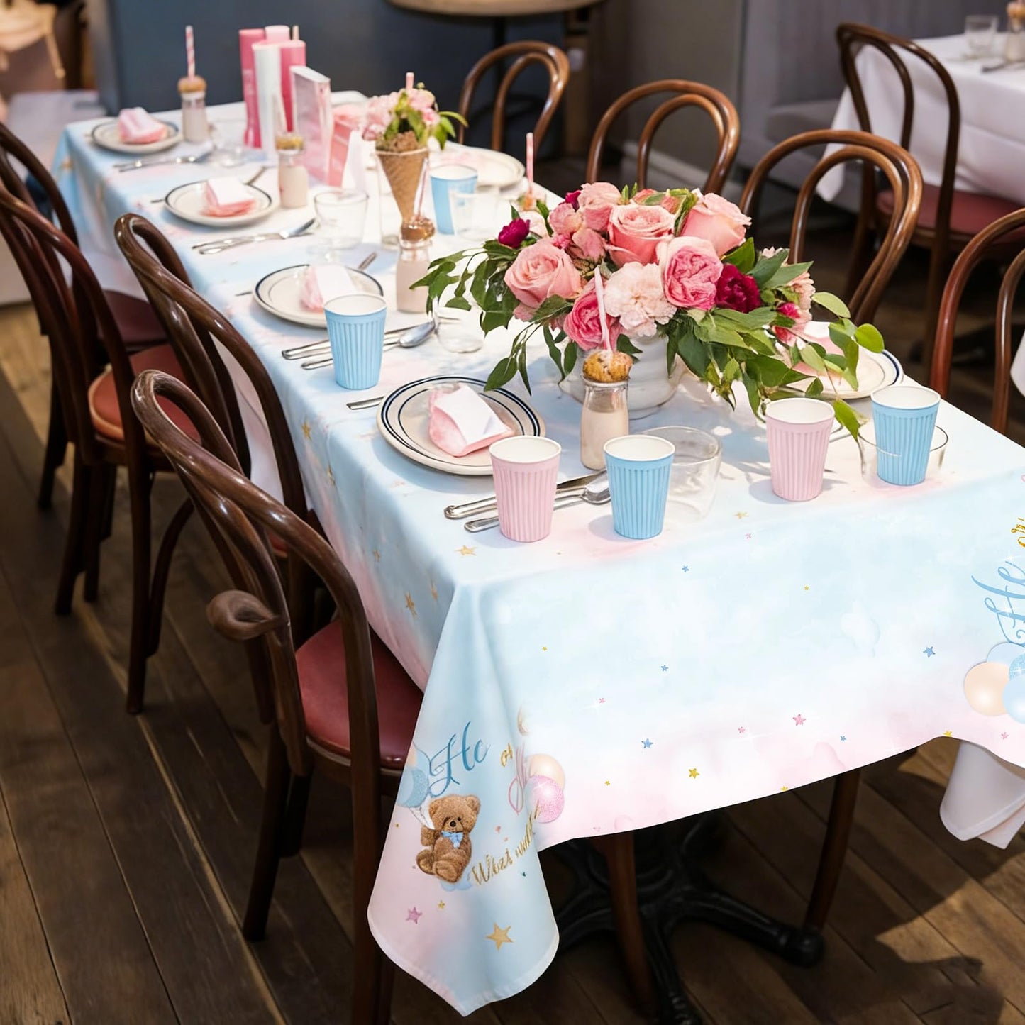 Tiamon 3pcs Bear Gender Reveal Tablecloths Decorations He or She Gender Reveal Table Covers Pink and Blue Rectangle Plastic Bear Baby Shower Table Cloths Party Decorations Supplies, 54 x 108 Inch