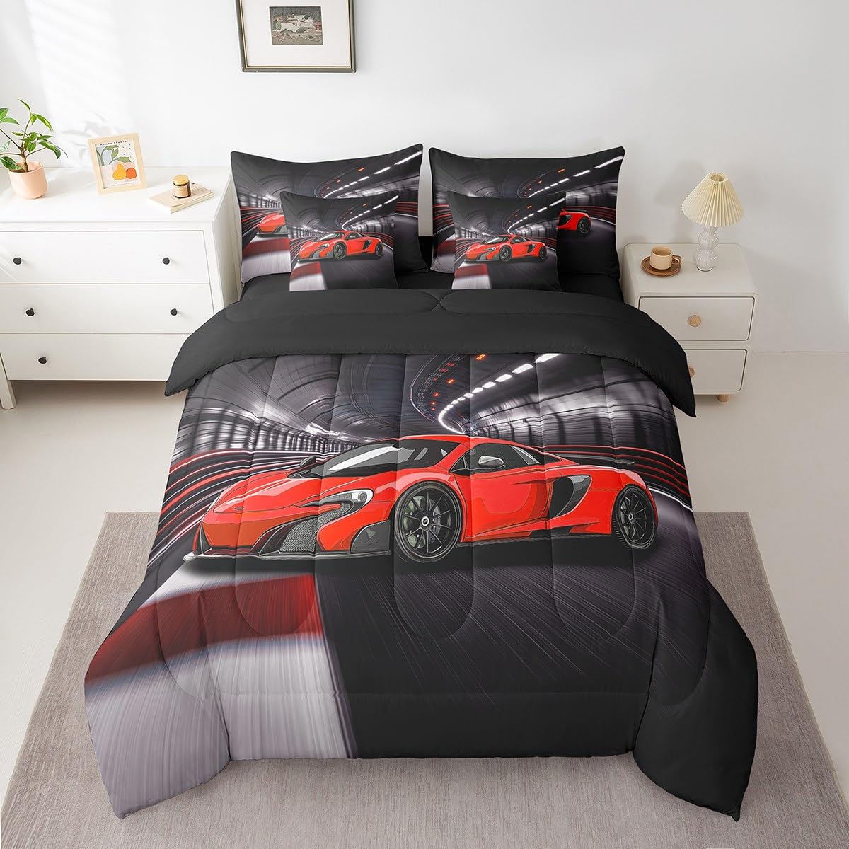 Speed Sports Car Bed Set Tunnel 7 Pieces Bedding Set for Kids Red Racing Car Bed in a Bag with Comforter, Sheets, Pillowcases Ultra Soft Extreme Sports All Season Breathable Lightweight Twin Size