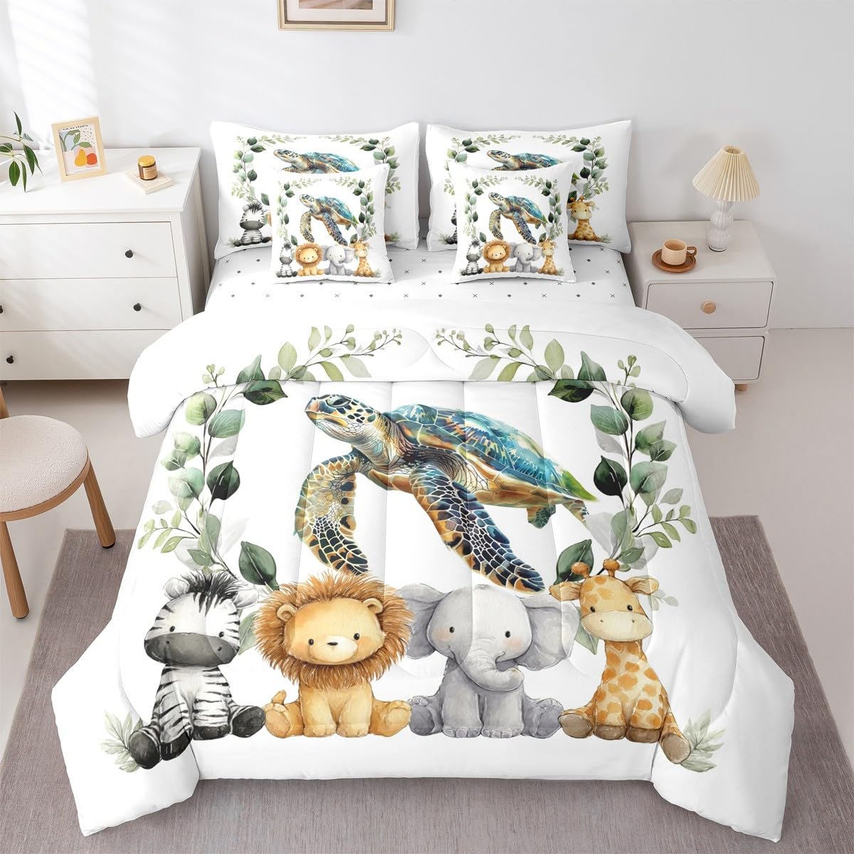 Erosebridal Cute Zoo Animal Twin Size Comforter Set with Sheets Kids | Tortoise Sea Turtle 7-Piece Bedding Set Botanical Eucalyptus Bed in a Bag Cartoon Zebra Lion Elephant Giraffe Bed Quilt Sets