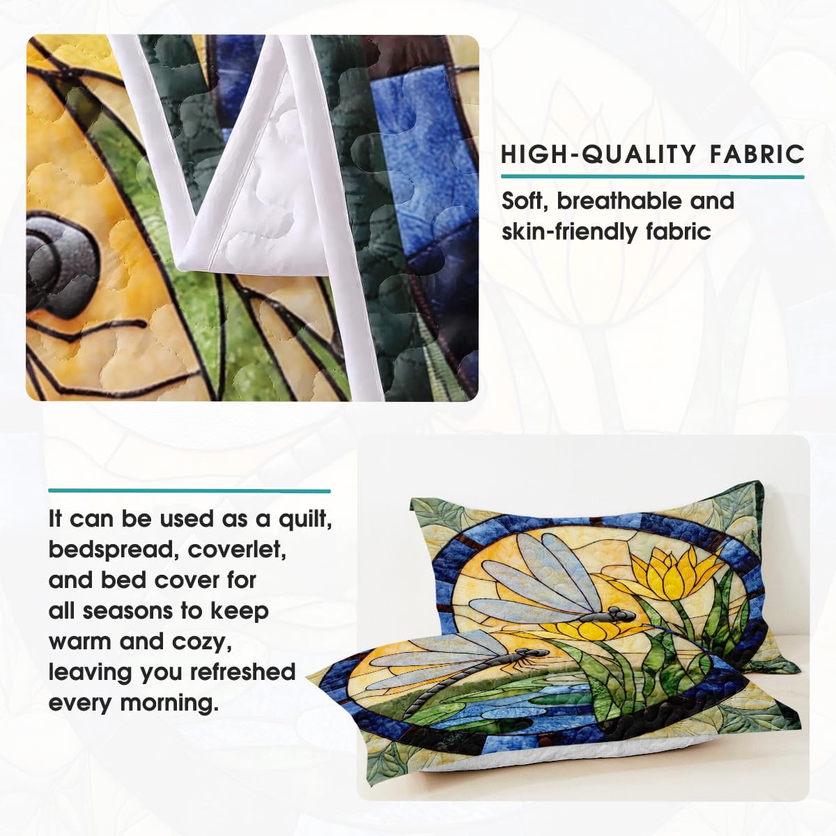 Jeminise Dragonfly Patchwork Quilt Set, Animal Patchwork Bedset - Dragonfly Quilt Bedding Set, Premium Pattern Quilt Bedspread, Bedding Blanket Gift for Daughter Women