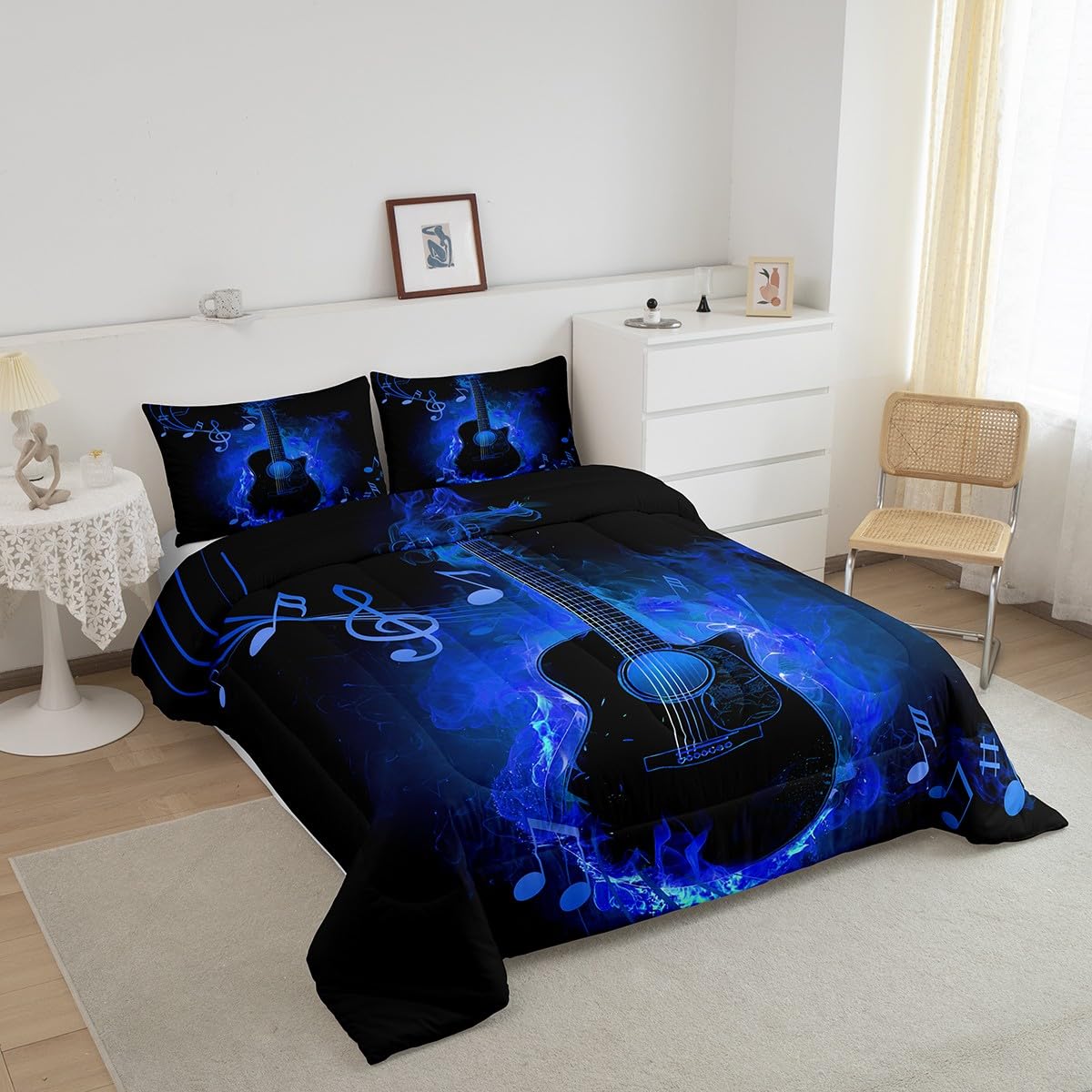Manfei Electric Guitar Comforter Set,Rock Music Theme Guitar Musical Notes Bedding Set for Teens Adults Room,Neon Blue Glowing Modern Artistic Quilt Set,Blue Black 3 Pcs with 2 Pillowcases,Queen