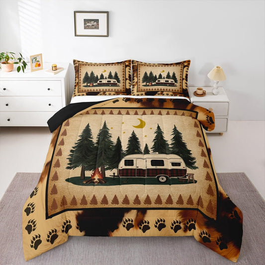 Kids Camper Bedding King Size Happy Camping Comforter Set for Boys Girls Bedroom Decor, Vintage Lodge Cabin Bedding Comforter Sets Country Farmhouse Duvet Sets, Woodland Adventure Quilted Comforter