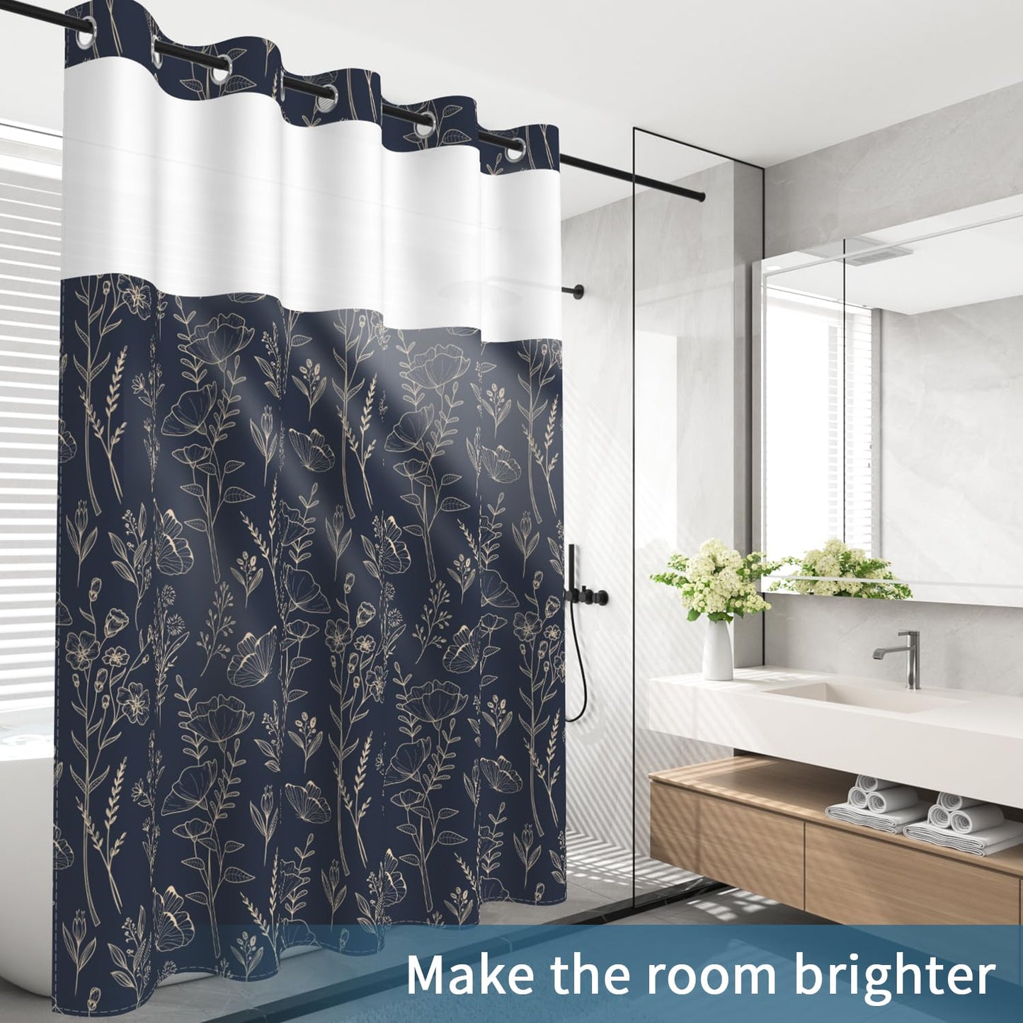 No Hook Shower Curtain with Snap in Liner Set, Dark Boho Navy Gold Forest Botanical Floral Neutral Pretty Waterproof Fabric Shower Curtain for College Dorm Hotel Apartment Bathroom Bathtub, 71x74 Inch