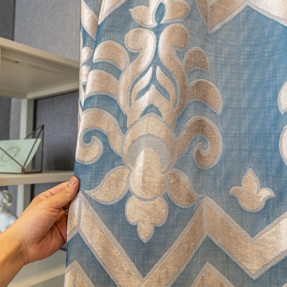 Amidoudou 1 Pair European Semi-Sheer Curtains for Living Room Bedroom Embroidered Hollow Luxury Curtains (Blue,52x90 Inch)