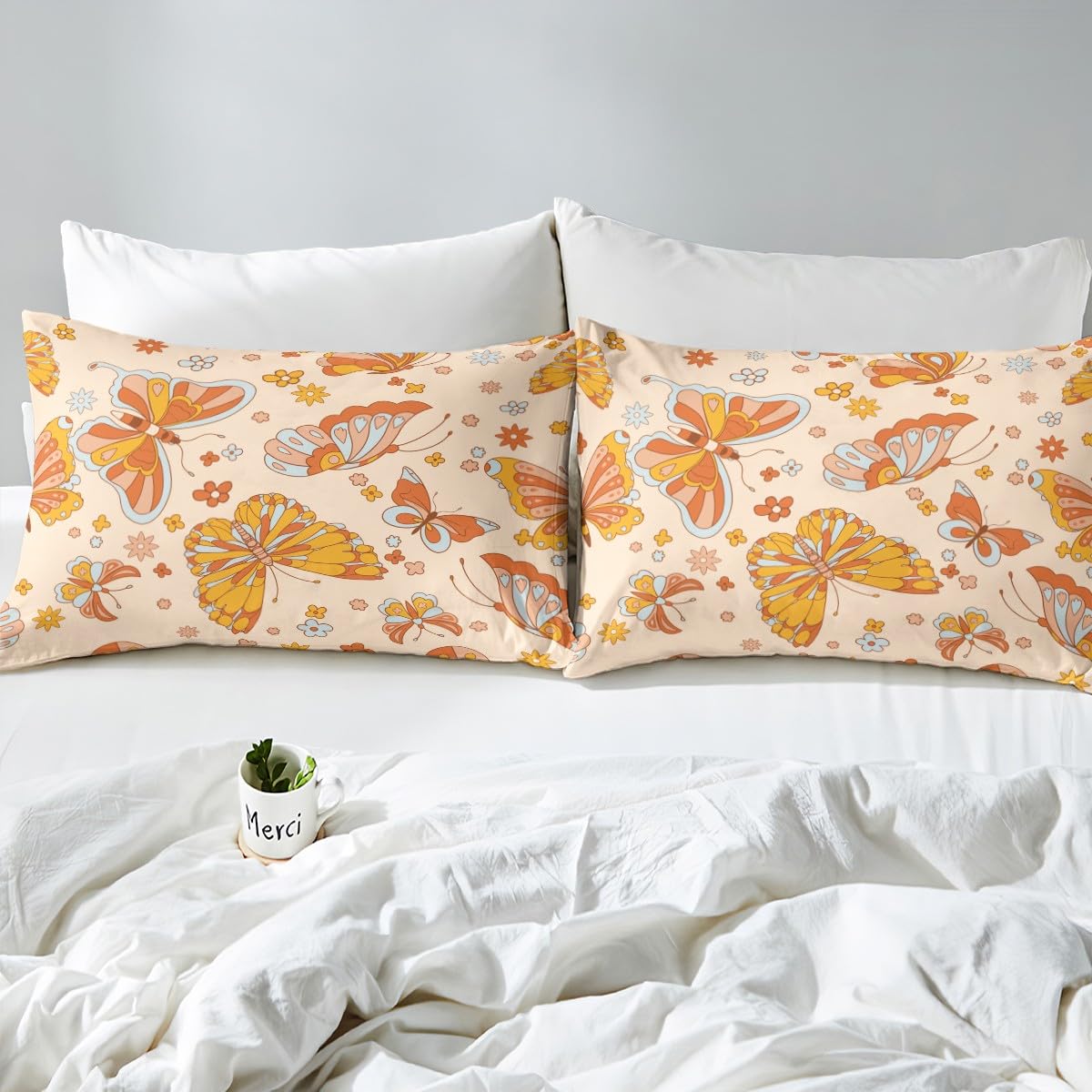 Retro 70S 60S Floral Hippie Bed Sheets Full For Kids Girls Cute Groovy Butterfly Flower Bedding Set Boho Natural Flowers Sheet Set Rainbow Garden Botanical Fitted Sheet + Flat Sheet + 2 Pillow Cases