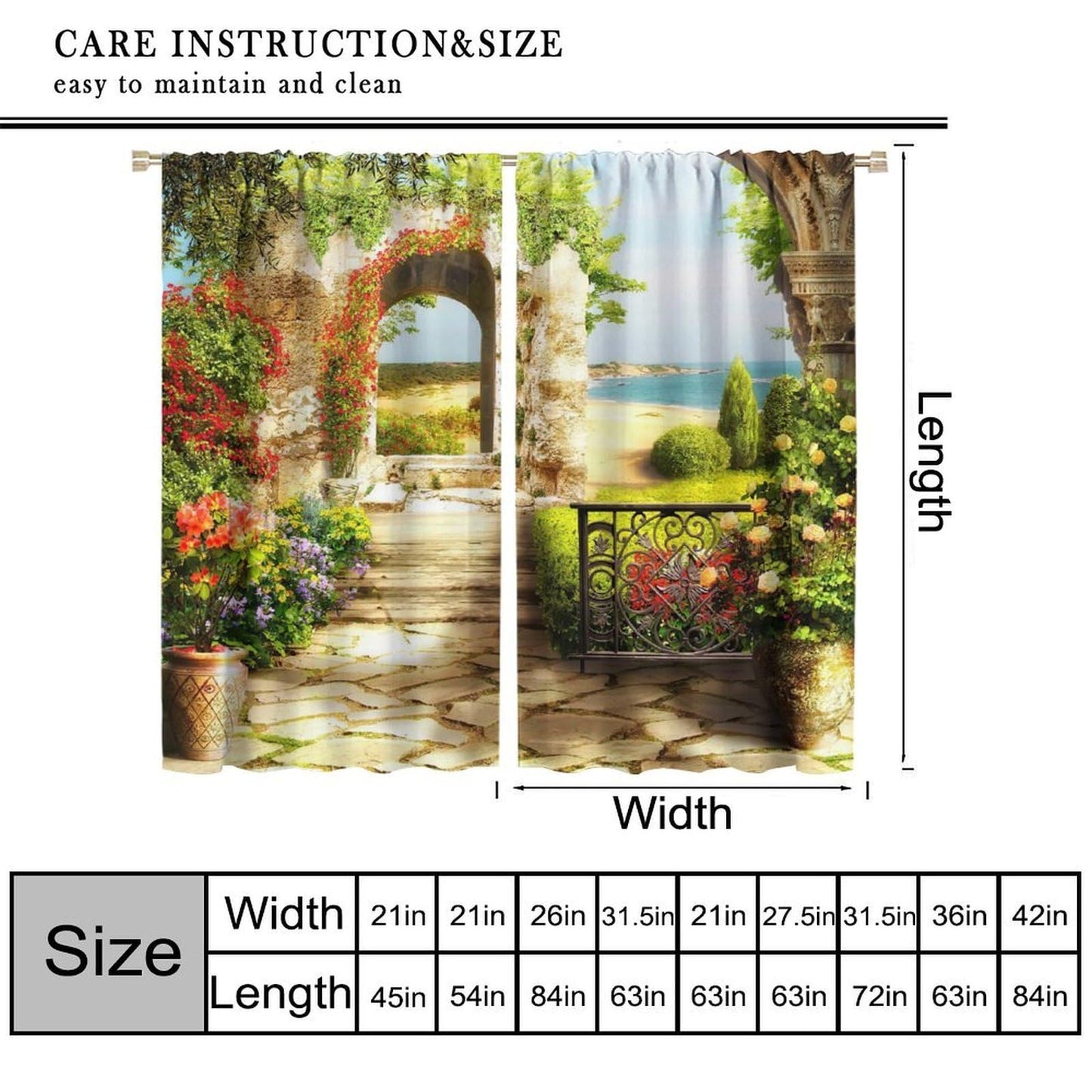 AuiMzoo Beautiful Landscape Decor Curtains, Old Stone Arch Seaview Balcony Garden Botanical Art Theme for Bedroom Living Room Curtains42X45 Inch