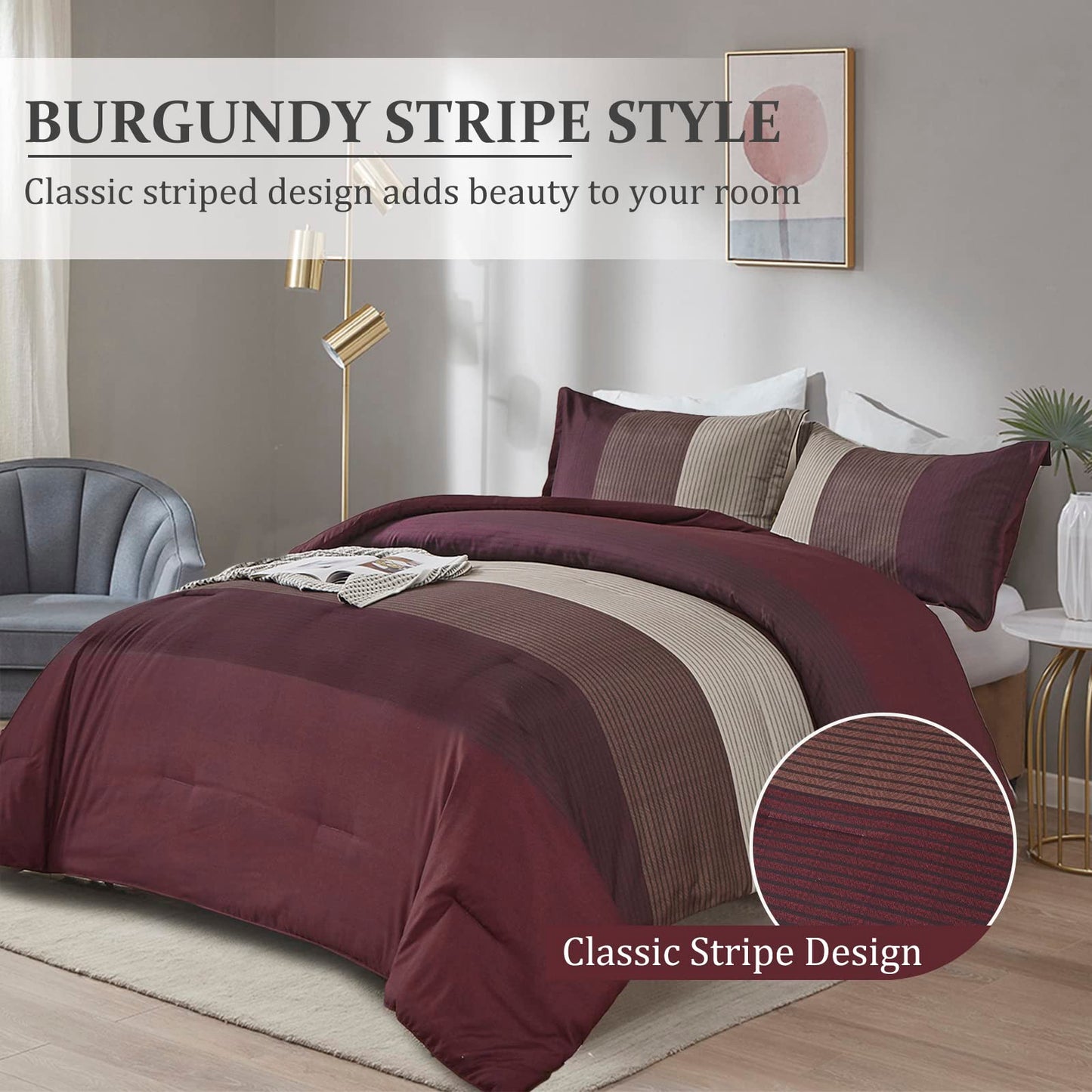 WONGS BEDDING Burgundy Comforter Set Queen, Reversible Burgundy Stripe Down Alternative Comforter for All Season,3 Pieces(1 Comforter+2 Pillowcases), Soft Microfiber Bedding Duvet Set 90”×90”