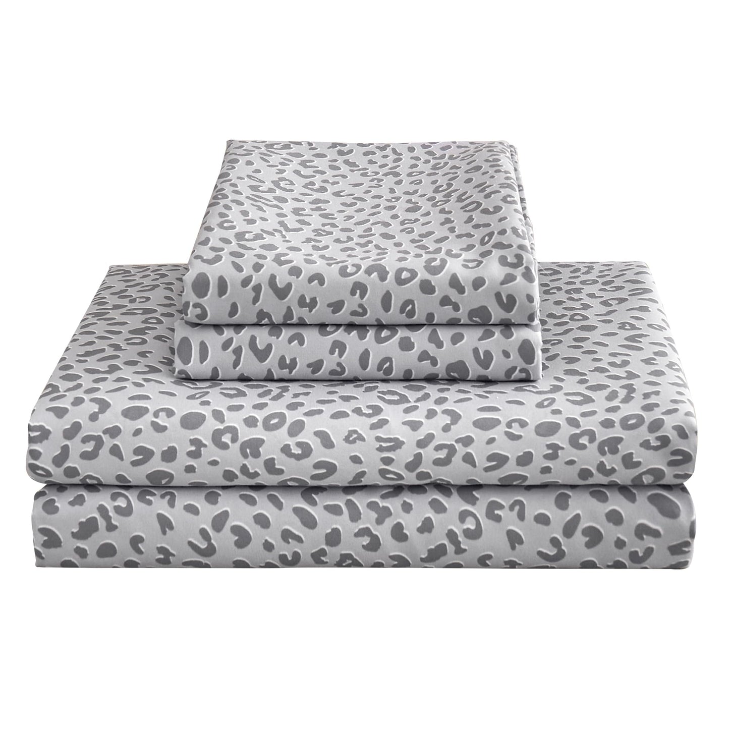 Mooreeke Leopard Cheetah Printed Queen Bed Sheets, Soft Microfiber Bedding Sheets & Pillowcases, Deep Pocket Non-Slip Fitted Queen Sheet, Silver Grey Animal Pattern Bedsheets
