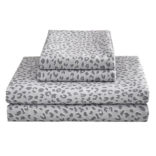 Mooreeke Leopard Cheetah Printed Queen Bed Sheets, Soft Microfiber Bedding Sheets & Pillowcases, Deep Pocket Non-Slip Fitted Queen Sheet, Silver Grey Animal Pattern Bedsheets