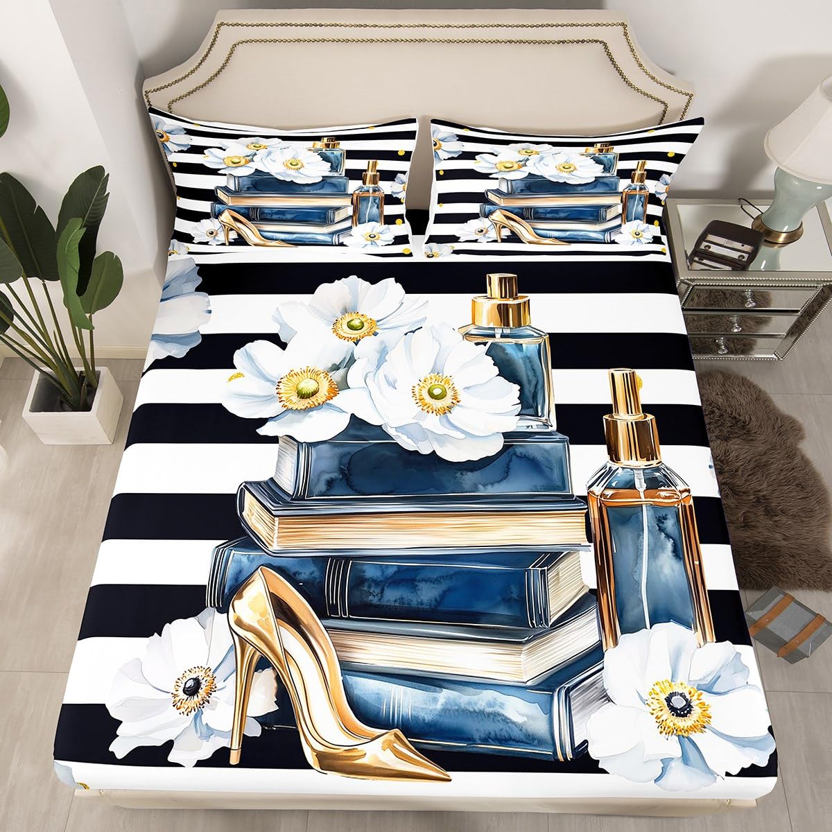 Erosebridal Modern Chic Fashion Sheet Set King Women Trendy Aesthetic Floral Bed Sheets for Girls Teens Navy Blue Watercolor Book and Perfume Sheets Boho Black and White Abstarct Striped Bedding Set