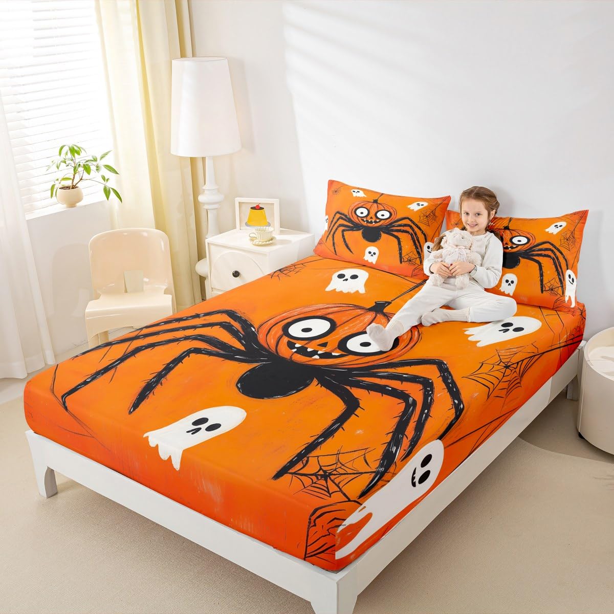 Feelyou Kids Halloween Bed Sheet Set Full Size, Spider Bedding Set Orange Pumpkin Fitted Sheet Boys Girls Horror Teens Bedroom Decor (2 Pillow Cases and a Fitted Sheet)