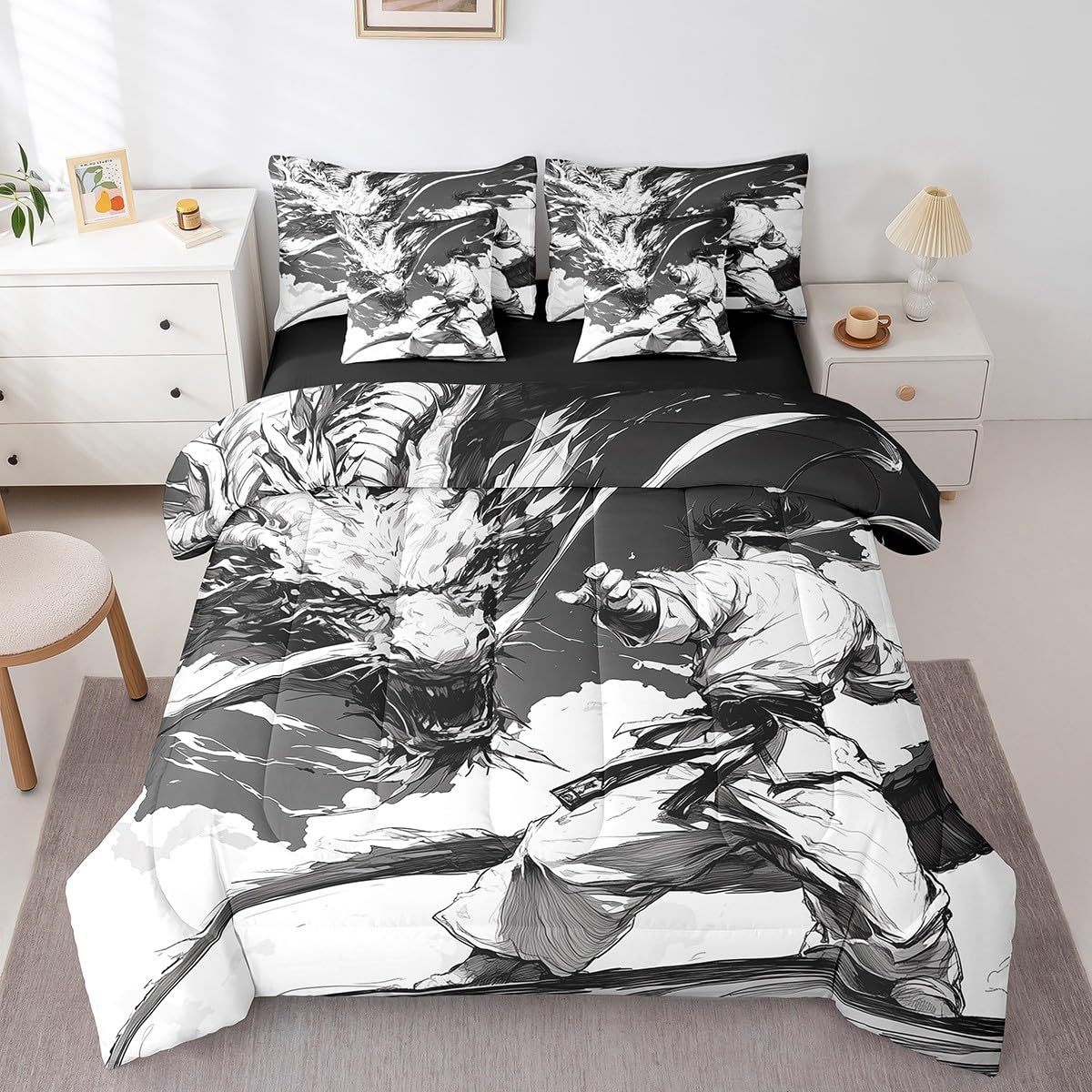 Feelyou Kids Taekwondo 7 Pieces Bedding Set Queen Size, Japanese Sports Bed in A Bag Samurai Comforter Set with Sheets Boys Girls Dragon Teens Bed Set Bedroom Decor 7Pcs