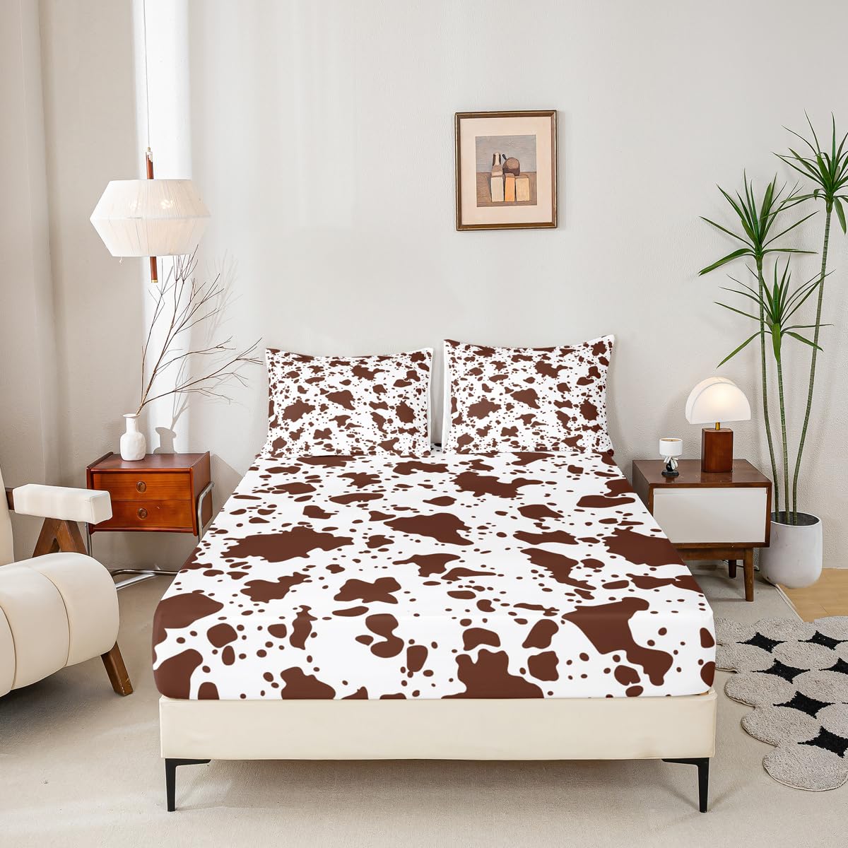 Erosebridal Cow Fur Print Bed Sheets Queen Size White Brown Cowhide Sheet Set 4Pcs for Kids Boys Room Decor Animal Skin Print Flat Sheet Farmhouse Cow Print Fitted Sheet with 2 Pillowcases