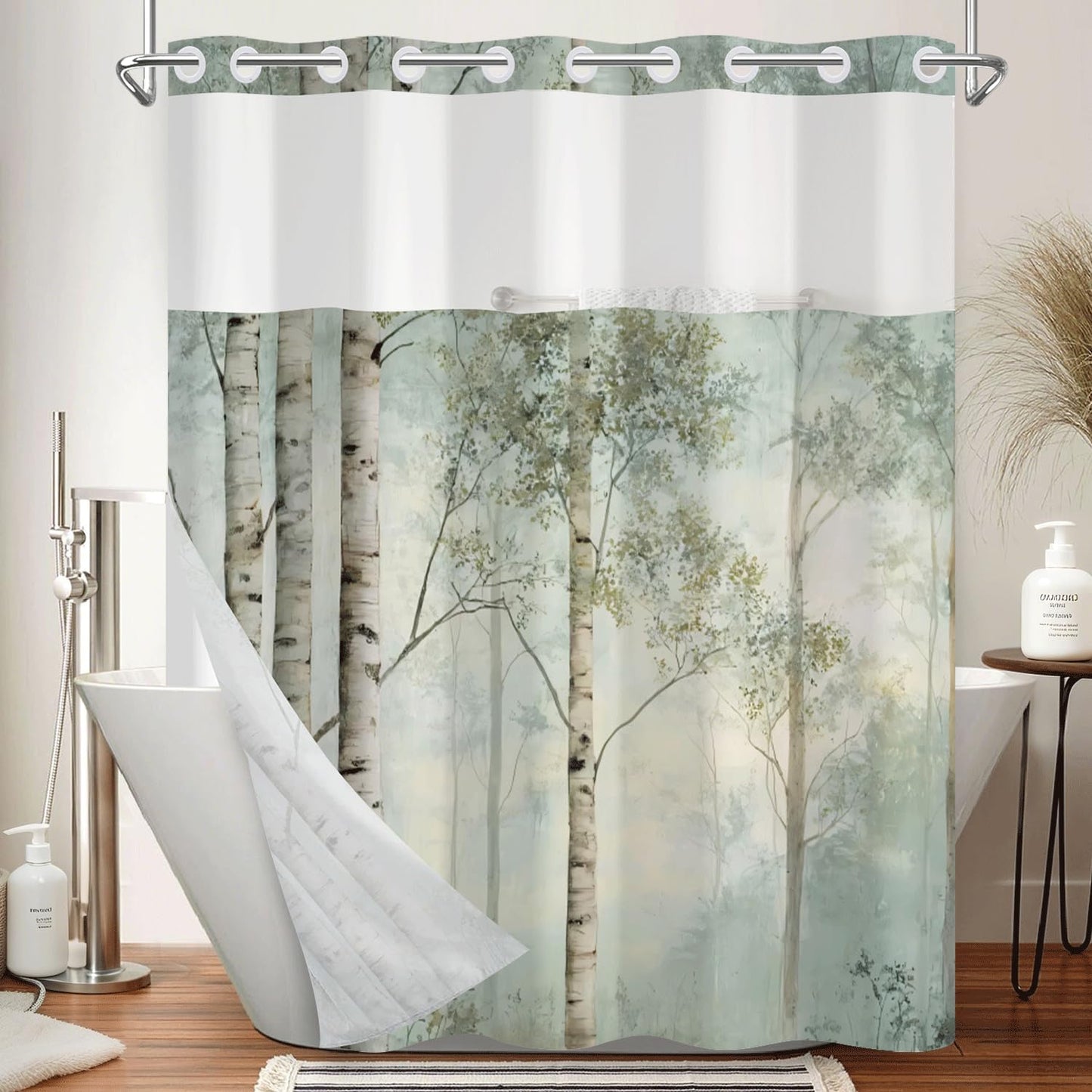 Xiazhilaio No Hook Shower Curtain and Liner Set, Birch Tree Forest Double Layer Waterproof Fabric Bath Tub Curtain for Rustic Farmhouse & Woodland Bathroom Decor, See Through Top, 71 x 74 Inch