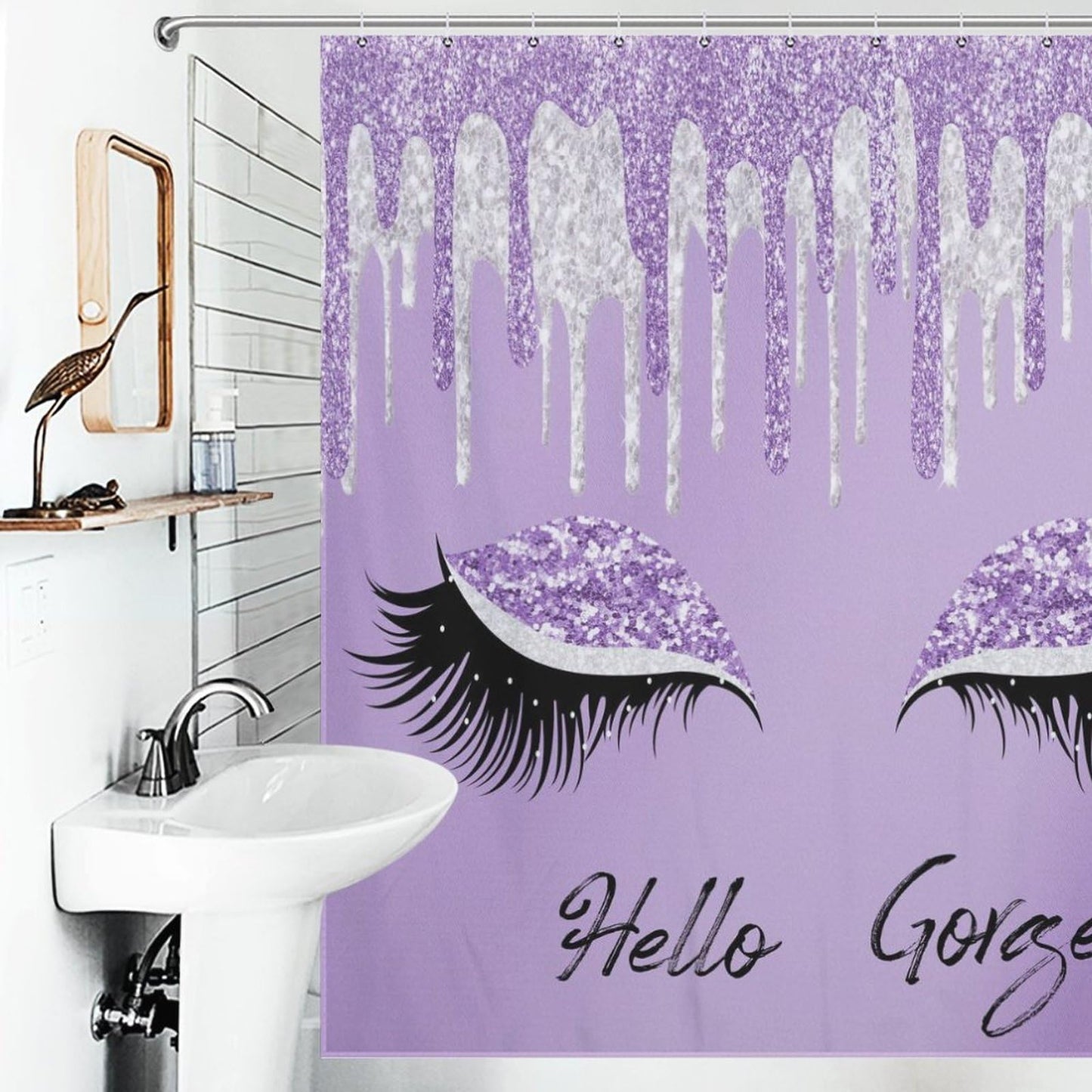 TYVGICZ Eyes Eyelash Shower Curtains Purple Silver Pretty Eyelash Hello Gorgeous (No Glitter No Sequin) Print Polyester Fabric Bath Curtains for Women Female Bathroom Decor,66x72 Inch Purple