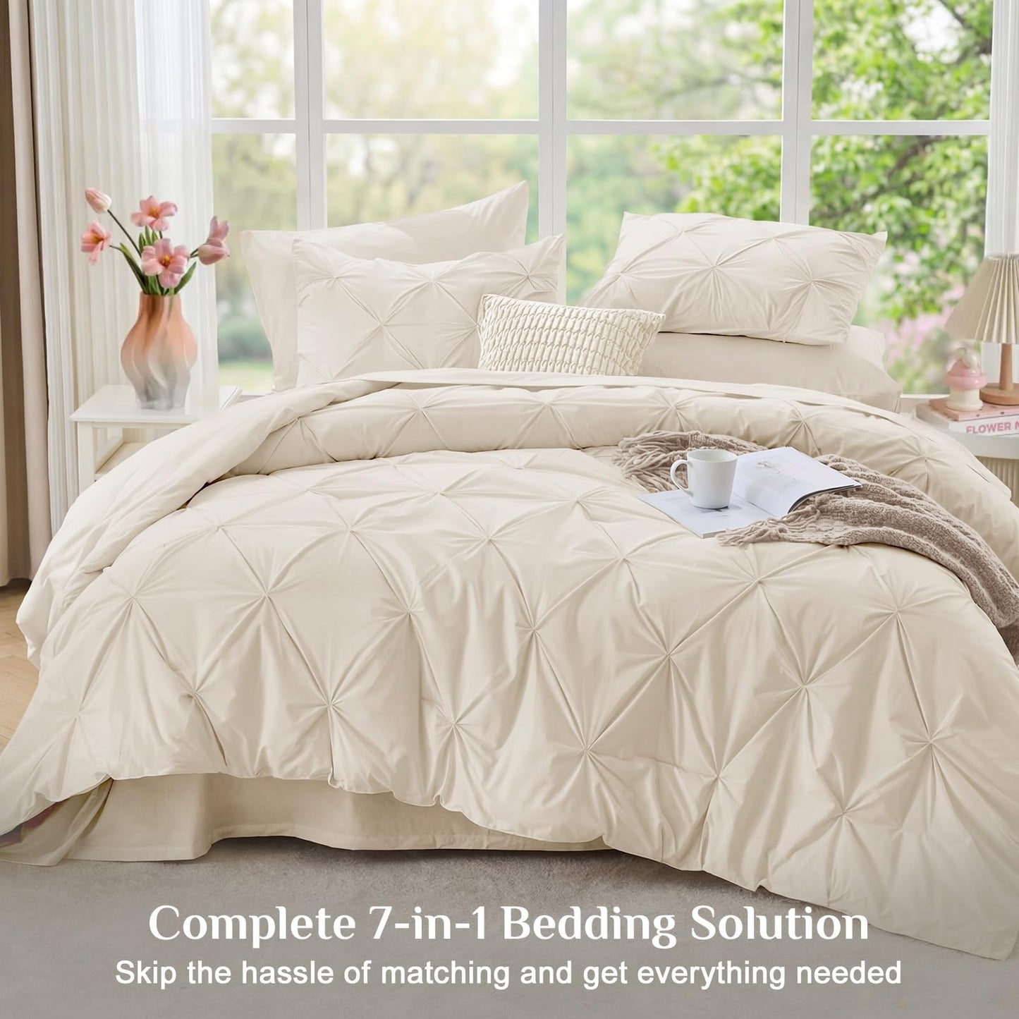 JOLLYVOGUE Queen Comforter Set 7 Pieces - Bed in a Bag Queen for All Season, Pintuck Bedding Comforter Sets with Comforter, Flat Sheet, Fitted Sheet and Pillowcases & Shams, Beige