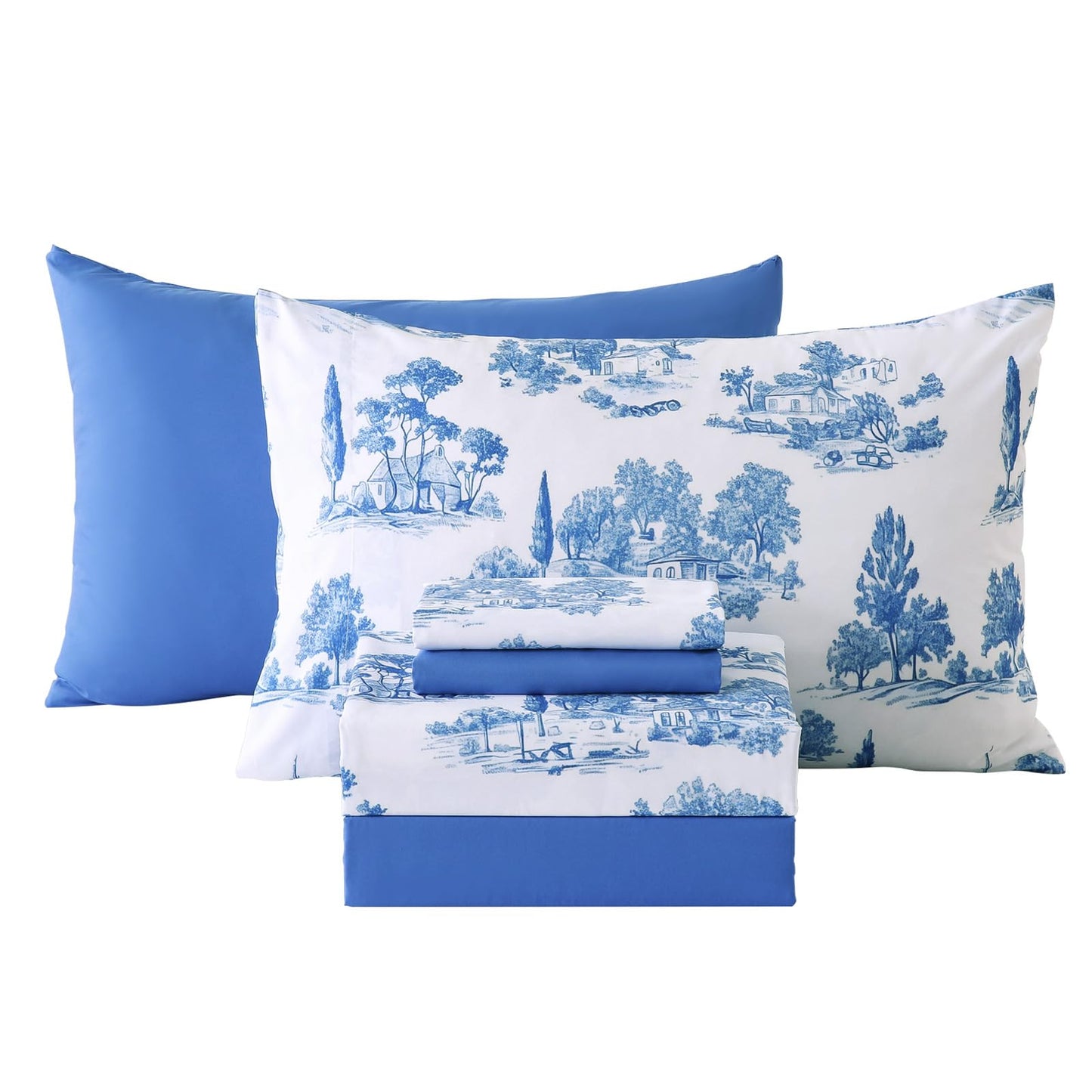 Botanical 6-Piece Full Size Sheets Set, Boho Floral Print Brushed Microfiber Sheets, Cooling Bed Sheet Set, Ultra Soft & Breathable, 16' Deep Pocket Fitted Sheet & Pillowcase Set, Blue Floral