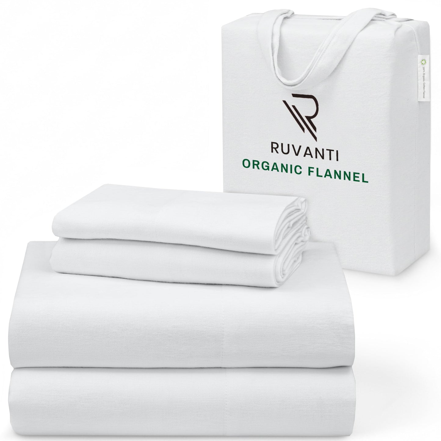 RUVANTI Flannel Sheets Queen Size - GOTS Certified 100% Organic Cotton, 4 Piece Warm, Soft & Breathable Set, Deep Pocket Snug Fit, Double Brushed Cozy All Season Bedding, Pure White
