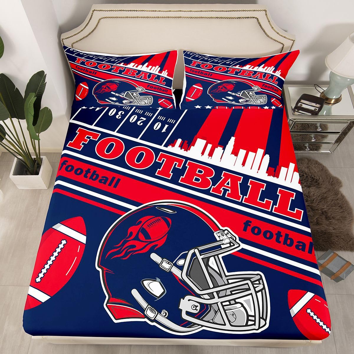 Feelyou Football Bed Sheets Set Boys Twin Size Women Men Rugby Sports Bedding Set Football City Fitted Sheet with 16 Inch Deep Pockets