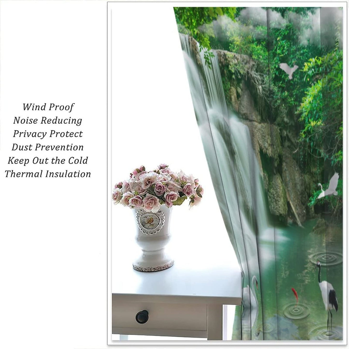Waterfall Deocr Curtain, Japanese Style Waterfall Mountain Cloud Boat Flower Dreamy Scenes Home Decor Windows Rod Pocket Curtain for Living Room Nursery Boys Girls Bedroom Window Drapes 42" Wx45 L