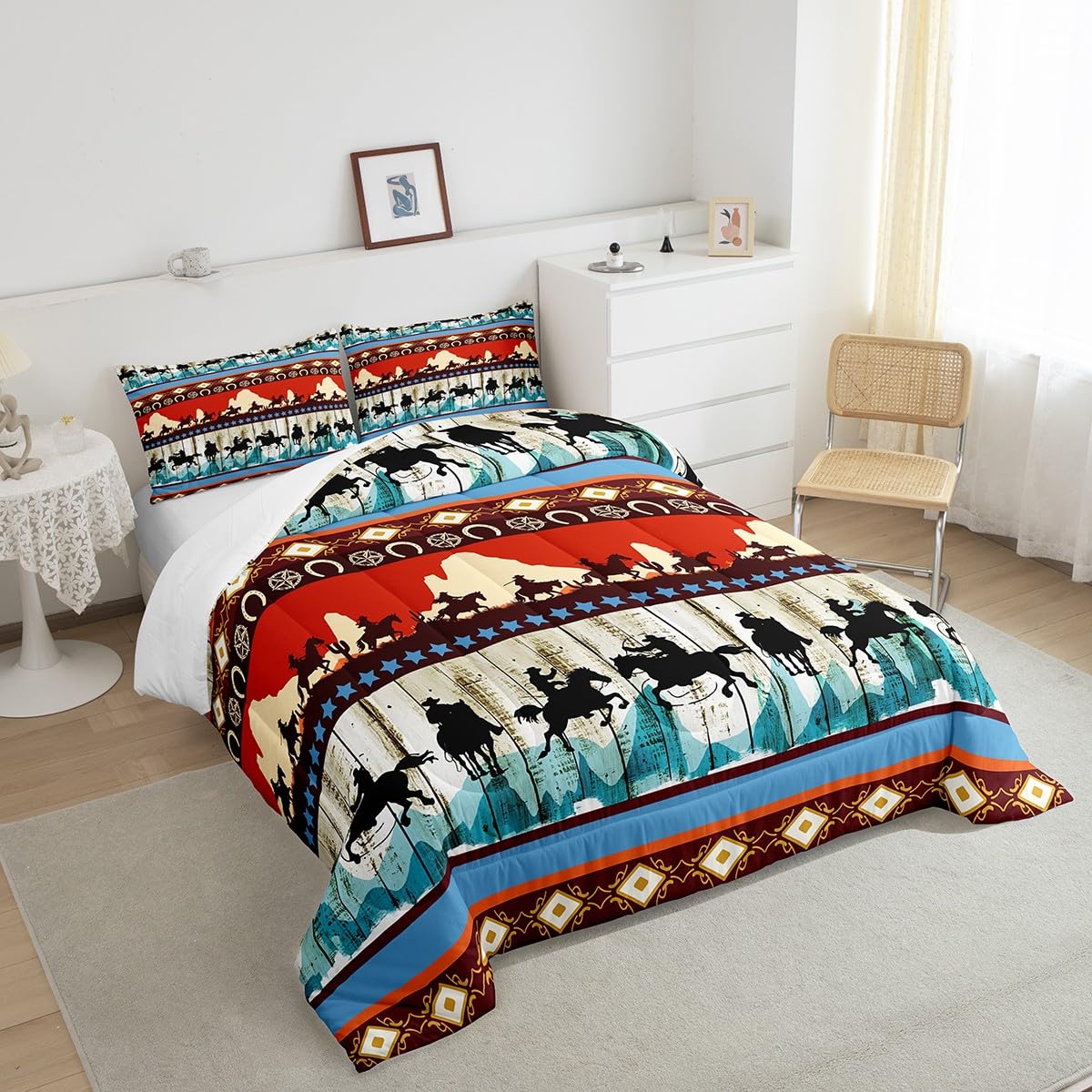 Feelyou Kids Full Aztec Red Comforter Full Size, Southwestern Cowboys Comforter Set for Boys Girls Horse Bedding Set Boho Tribal Duvet Set Microfiber Bed Set