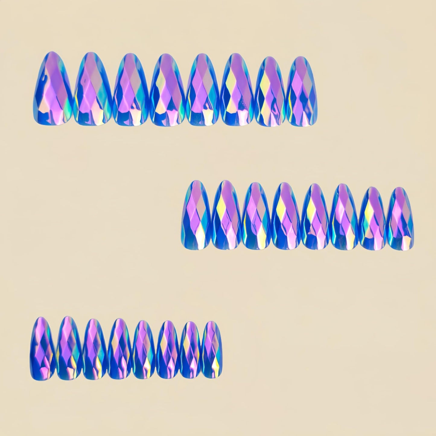 RUOKEXIN Almond Press on Nails Medium Length Fake Nails Purple Chrome False Nails with 3D Rhombus Designs Full Cover Nail Press ons Sparkly Artificial Nails for Women 24Pcs