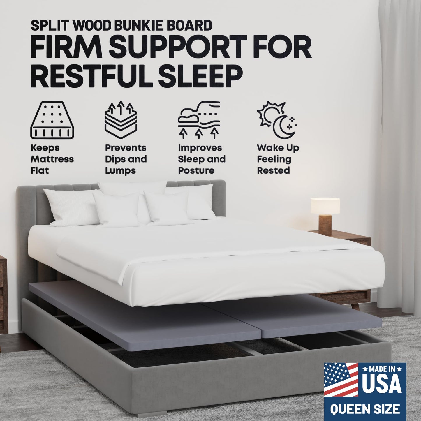 Greaton, Premium 38mm Solid Surface Wood Bunkie Board Queen Size Bed Frames - 2-Piece Under Mattress Support Board, Fully Assembled, Fabric Ventilation Cover - Replaces Wooden Slats or Box Spring