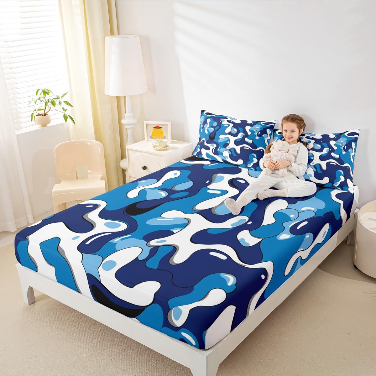 jejeloiu Camo Fitted Sheet with 1 Pillowcase Twin Size Military Style Bed Sheets Set 16" Deep Pocket Boys Girls Blue Bedding Camouflage Teens Bedroom Decor Breathable Lightweight Microfiber