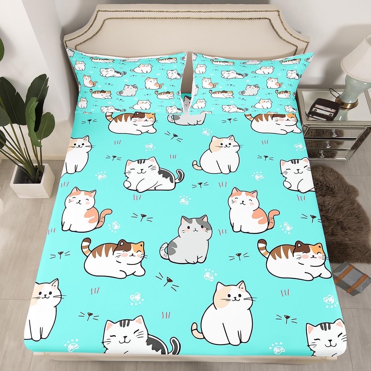 Erosebridal Cat Bedding,Cute Pet Theme Sheet Set for Kids Teens Girls Youth,White Cat Paw Print Decor Bed Sheets for Bedroom,Kawaii Animal Kitten Fitted Sheet,Queen with 2 Pillowcases